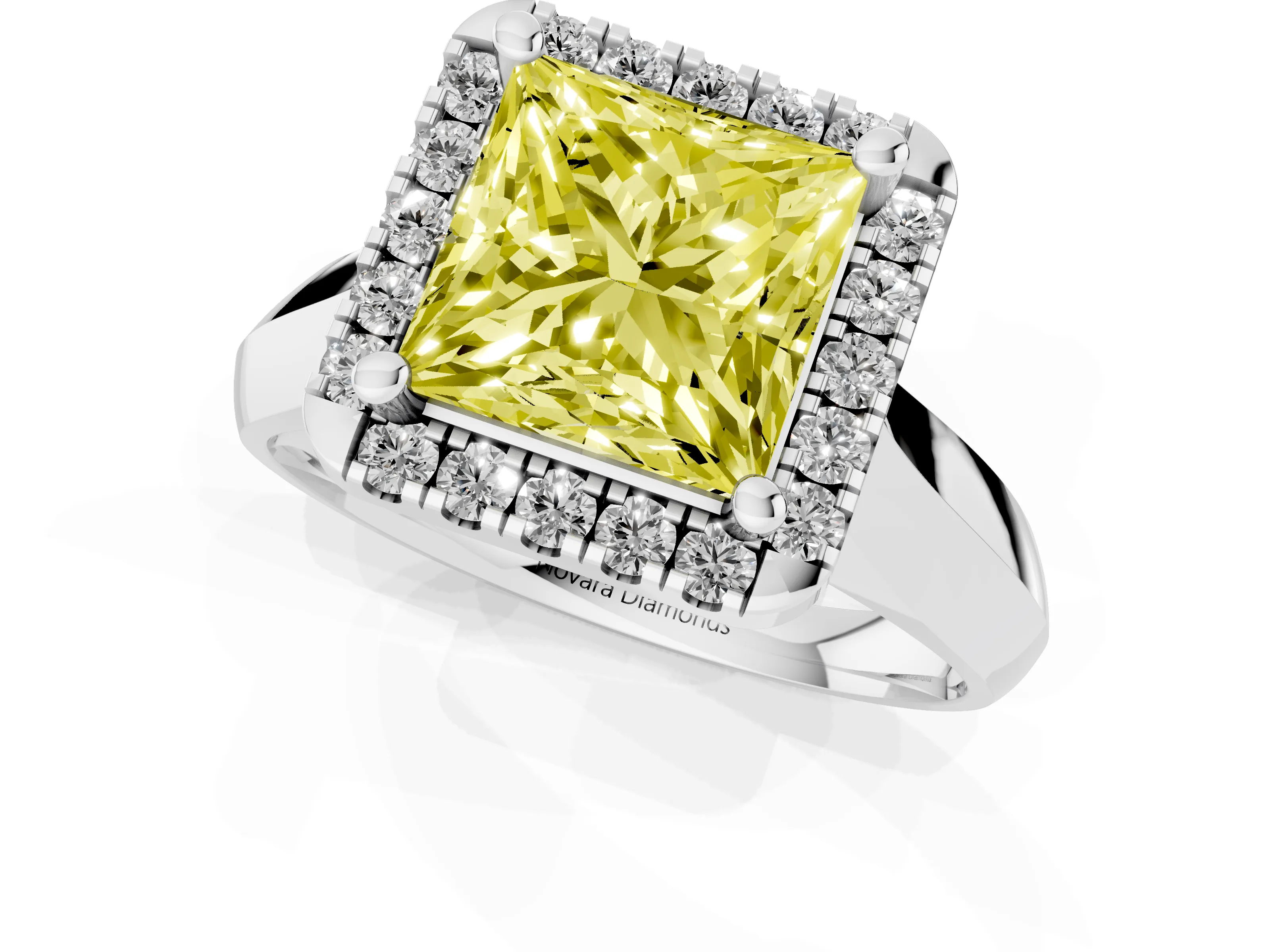 Fancy Yellow Princess Cut Diamond Halo Solitaire Engagement Ring Set in White gold with Square Band and Prong Setting