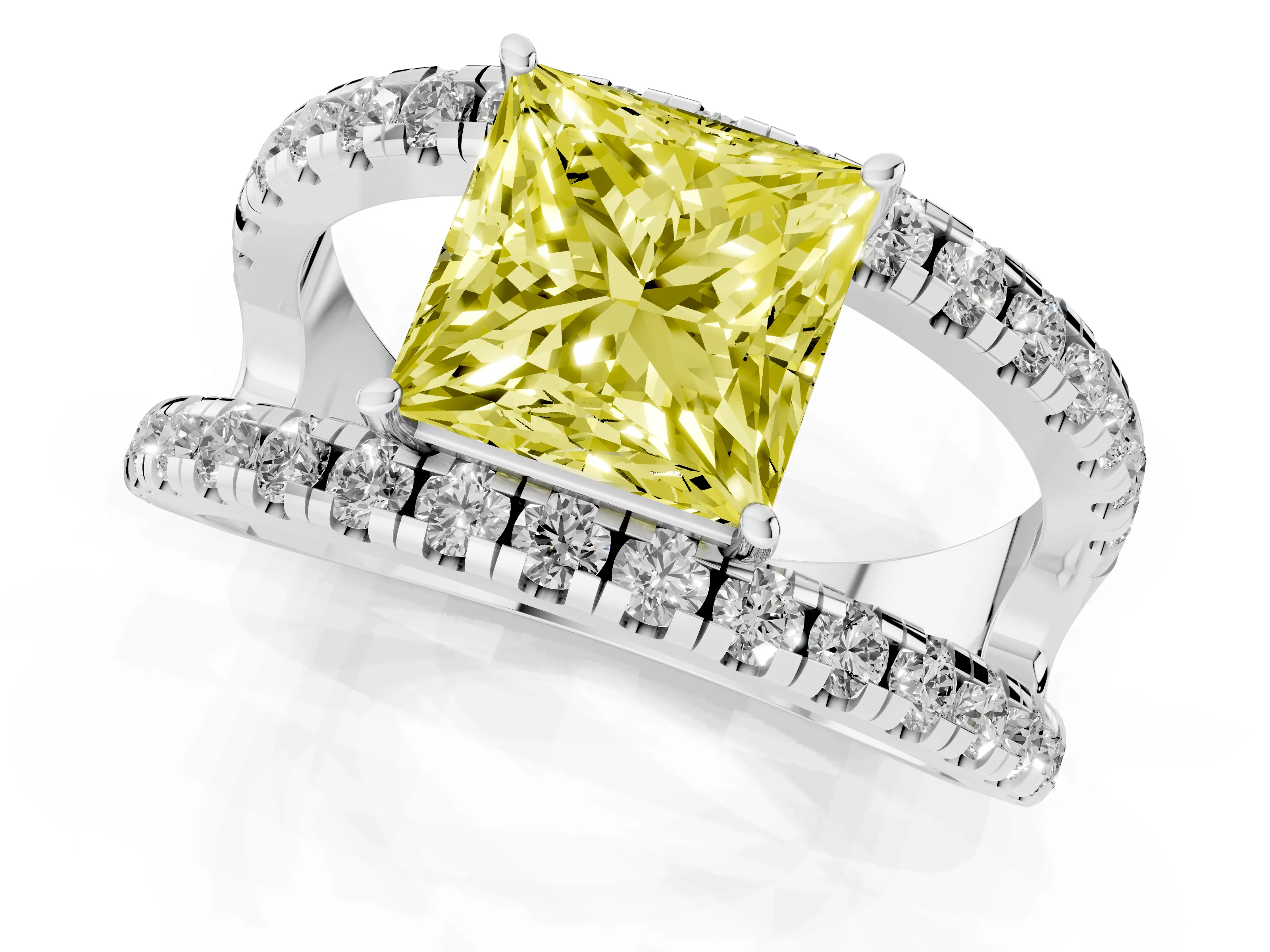 Fancy Yellow Princess Cut Diamond Split Shank Pavé Solitaire Ring Set in White gold with Open Shank Design
