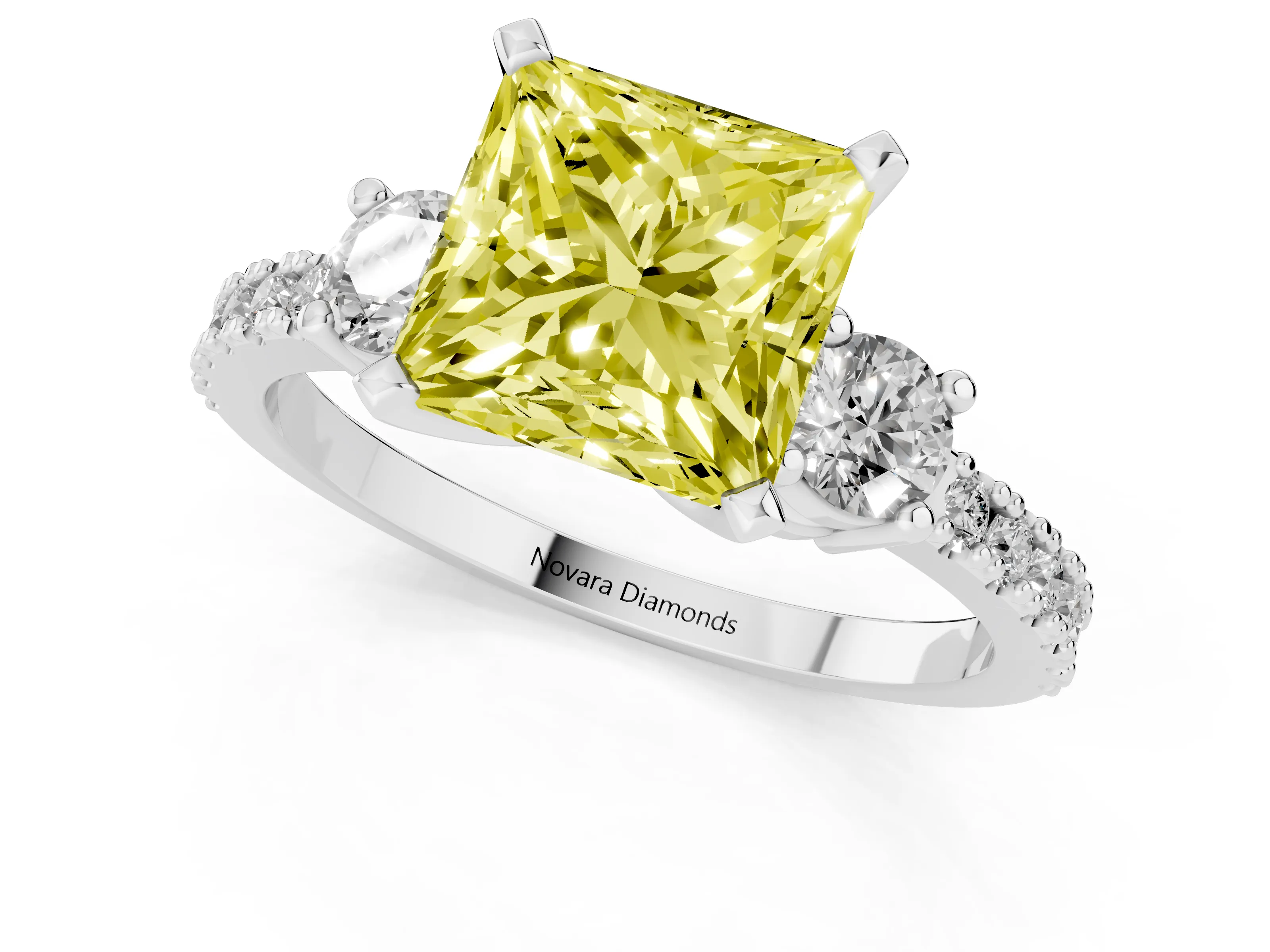Fancy Yellow Three-Stone Princess Cut Diamond Pavé Band Ring Set in Silver with Prong Setting