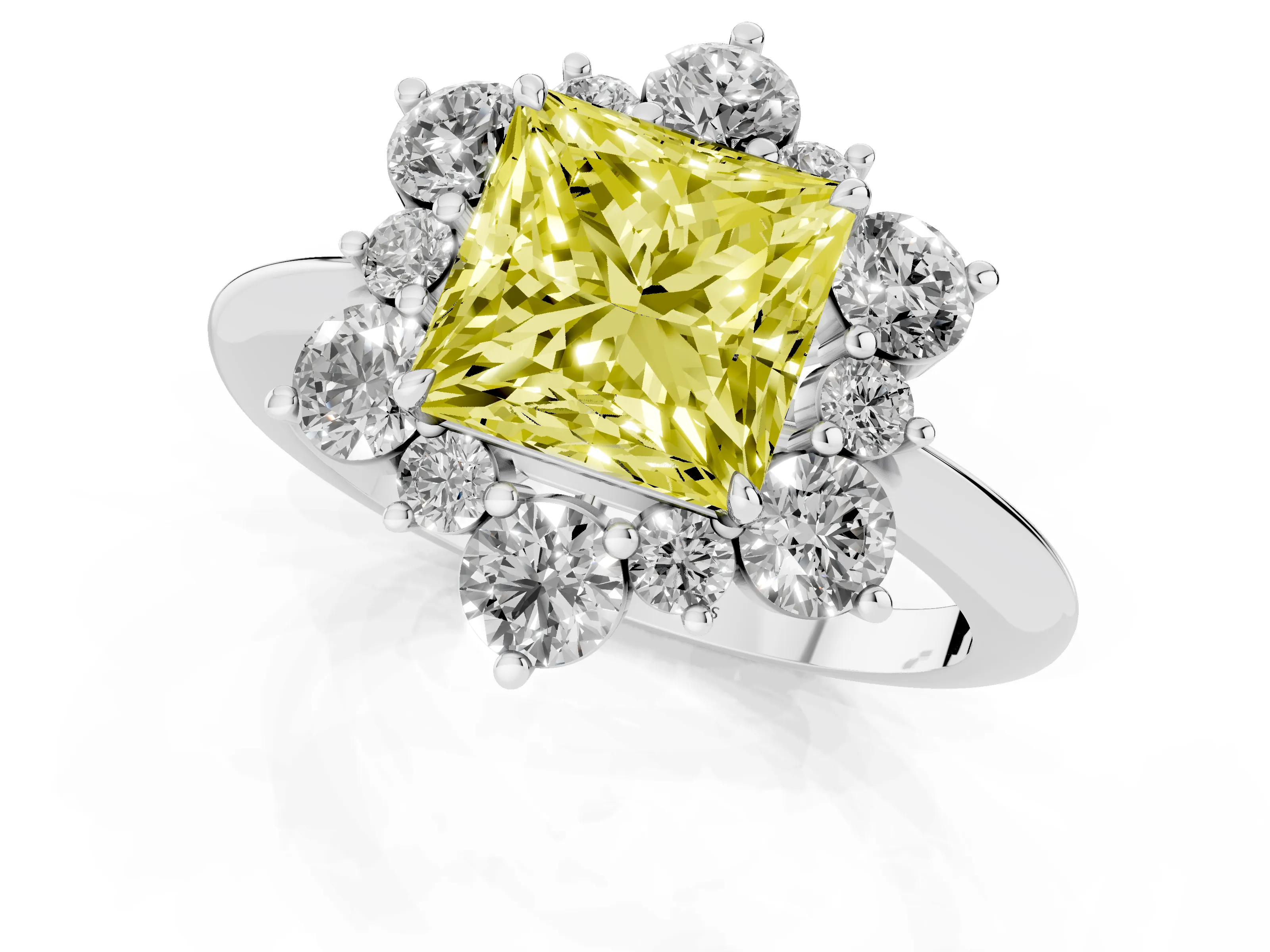 Fancy Yellow Princess Cut Diamond Cluster Halo Ring Set in Silver with Solitaire Band and Prong Setting