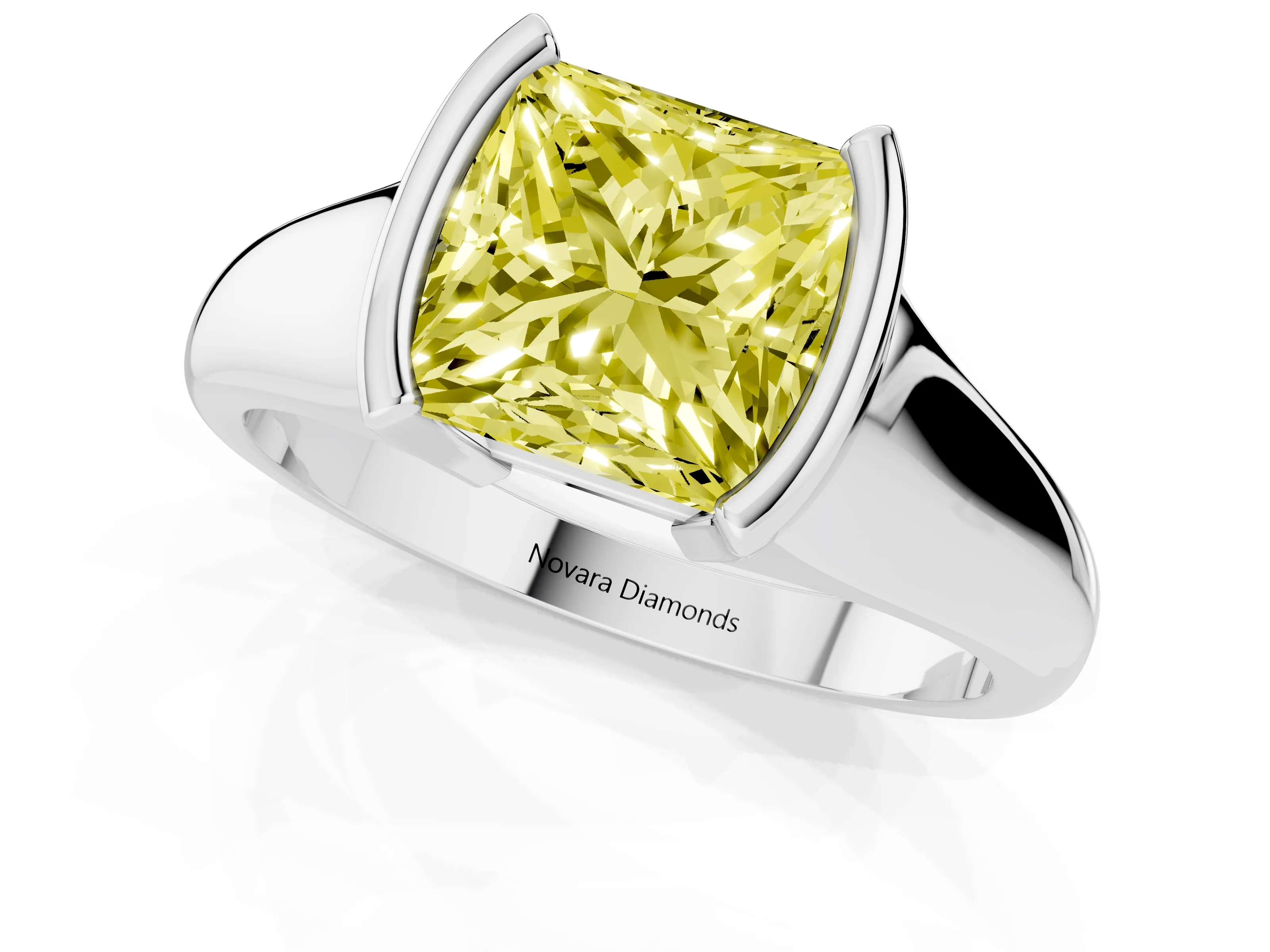 Fancy Yellow Princess Cut Diamond Solitaire Tension Set Ring Set in White gold with Split Shank Band