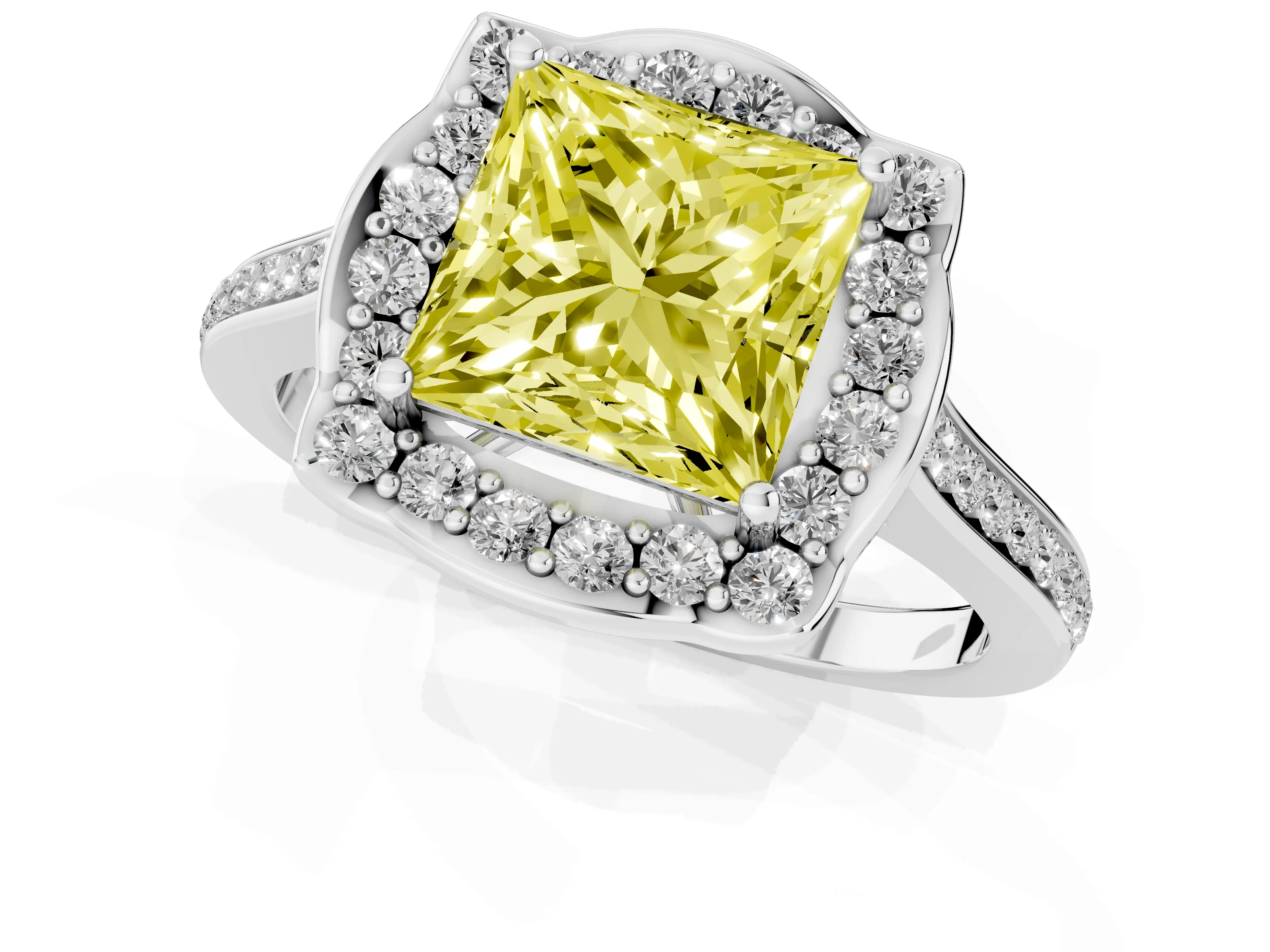 Fancy Yellow Princess Cut Diamond Halo Ring Set in White gold with Pavé-Lined Shoulders and Prong Setting