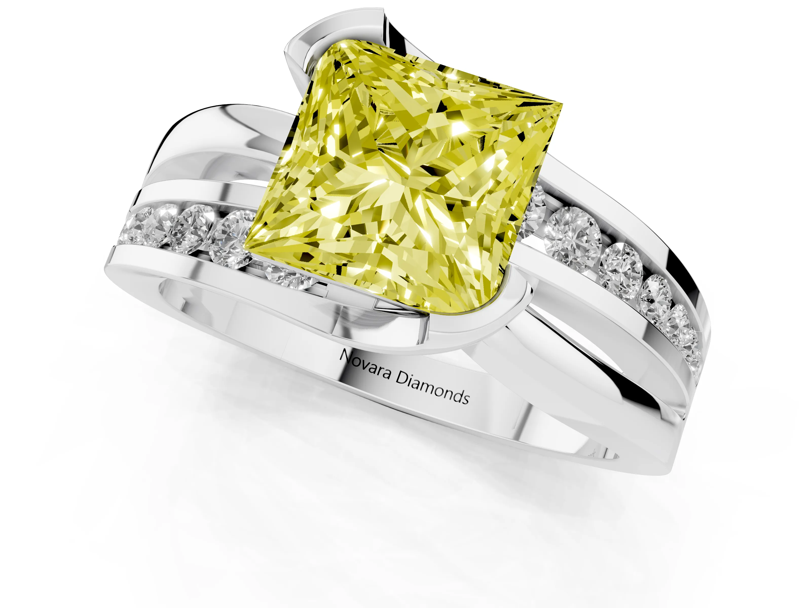 Fancy Yellow Princess Cut Diamond Solitaire Ring Set in Platinum with Channel Set Split Shank and Tension Prongs