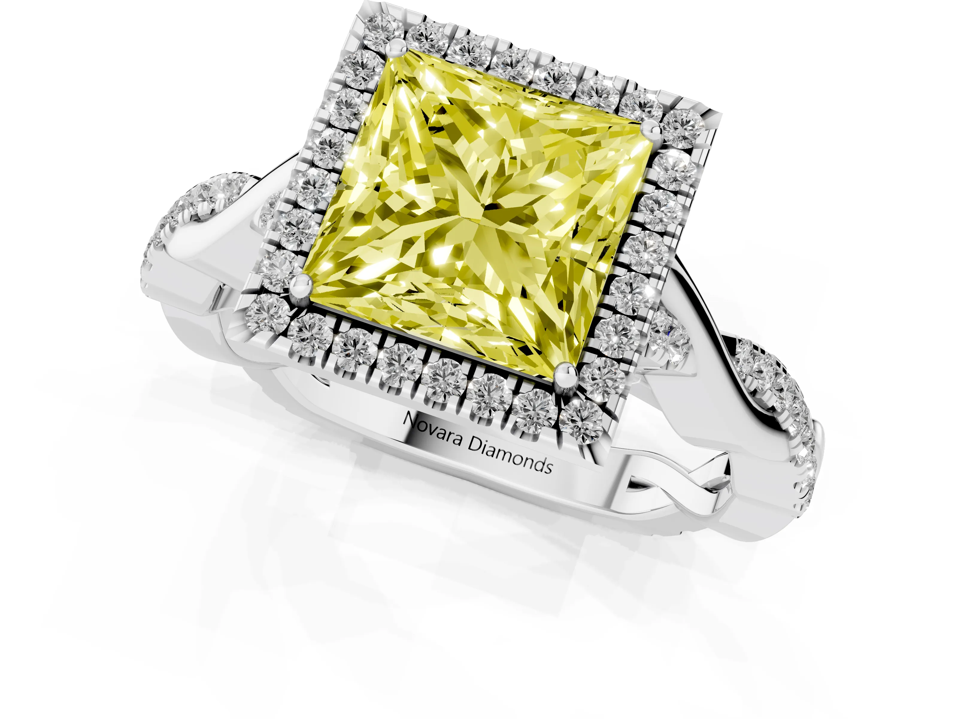 Fancy Yellow Princess Cut Diamond Halo Twist Band Solitaire Ring Set in Platinum with Prong Setting