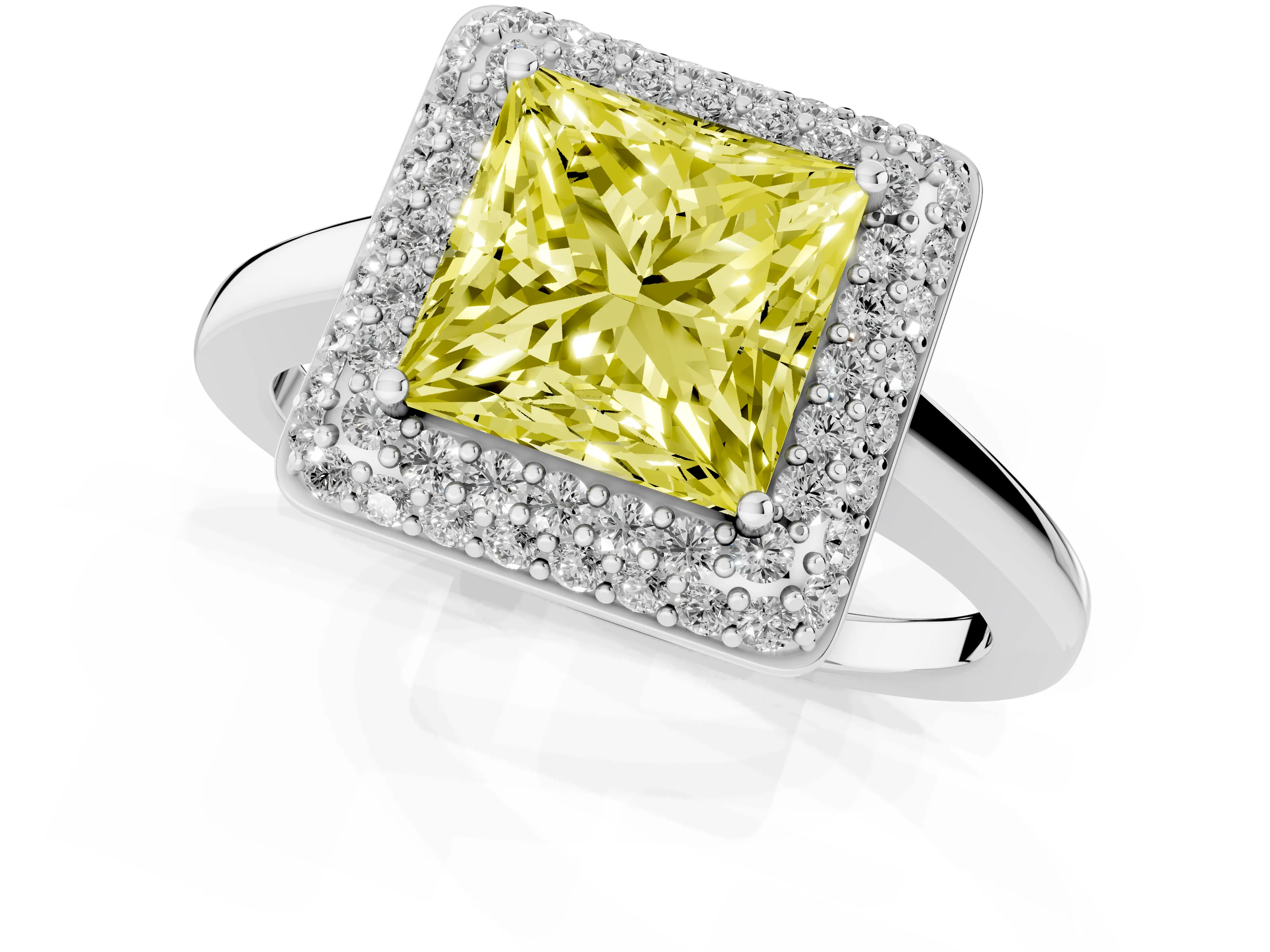 Fancy Yellow Princess Cut Diamond Halo Engagement Ring Set in White gold with Solitaire Band and Prong Setting