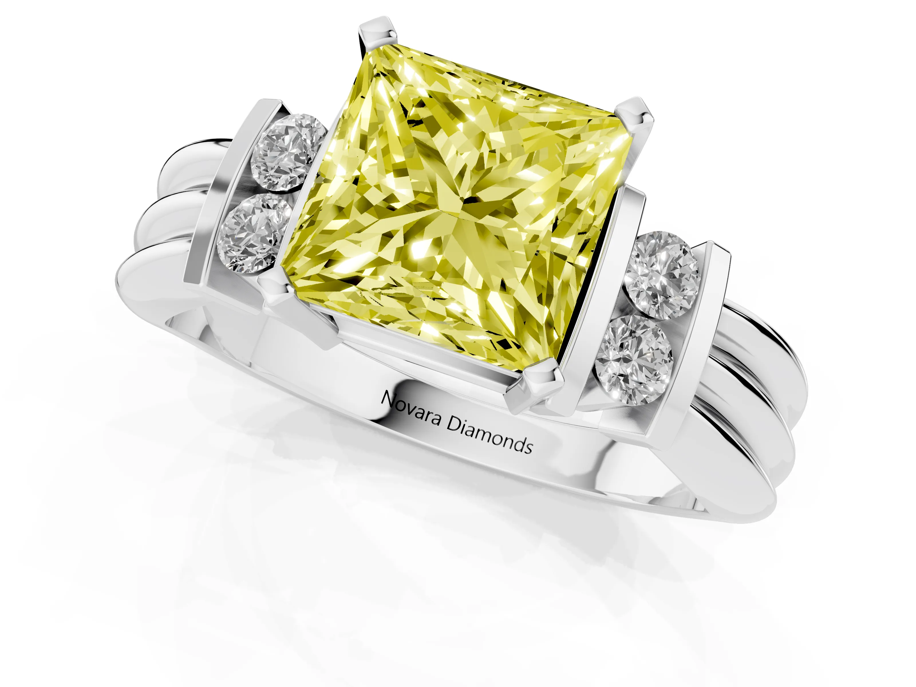 Fancy Yellow Three-Stone Princess Cut Diamond Channel Set Ring Set in Silver with Bar Prongs