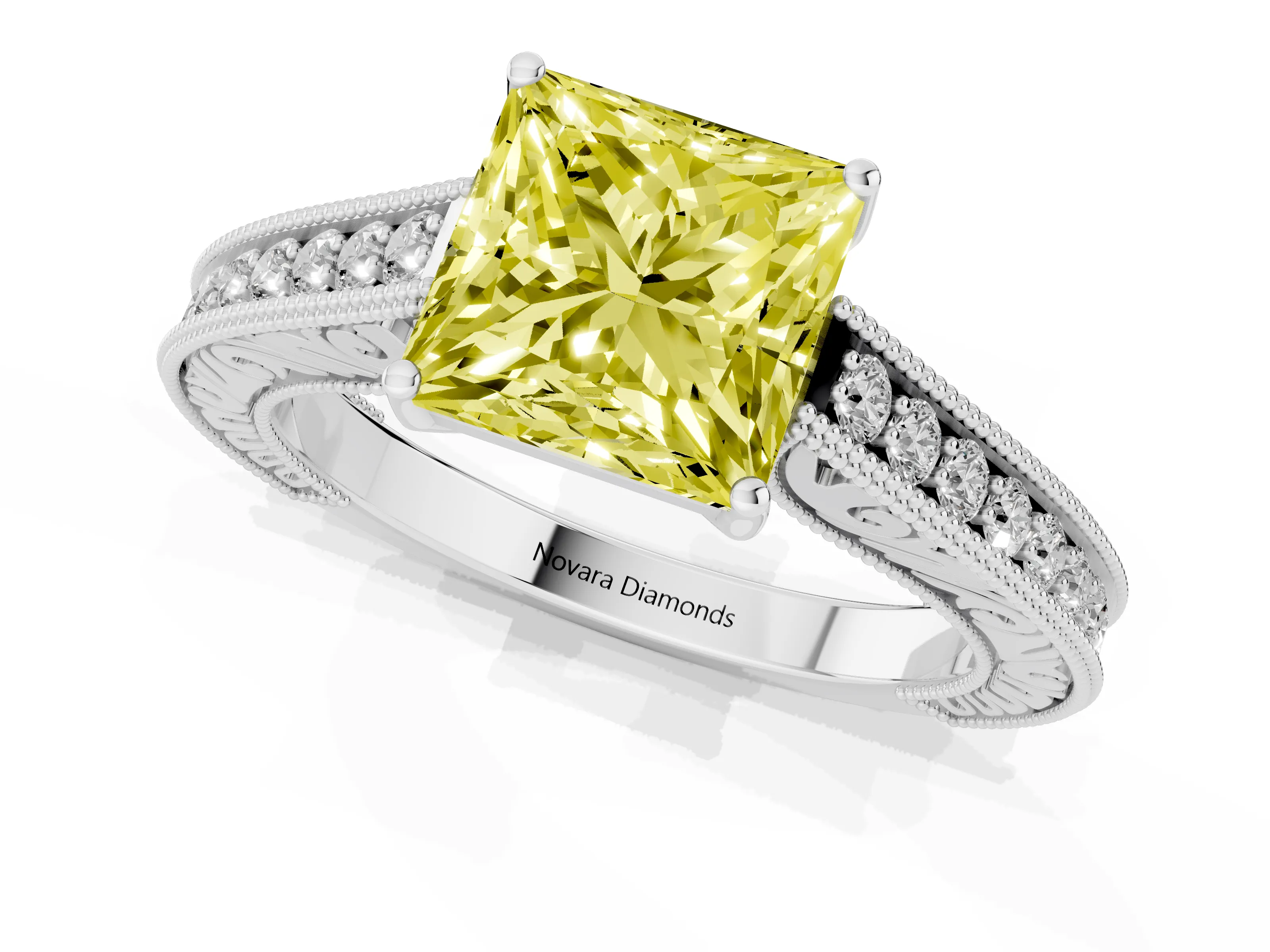 Fancy Yellow Princess Cut Diamond Milgrain Pavé Band Solitaire Ring Set in Platinum with Prong Setting