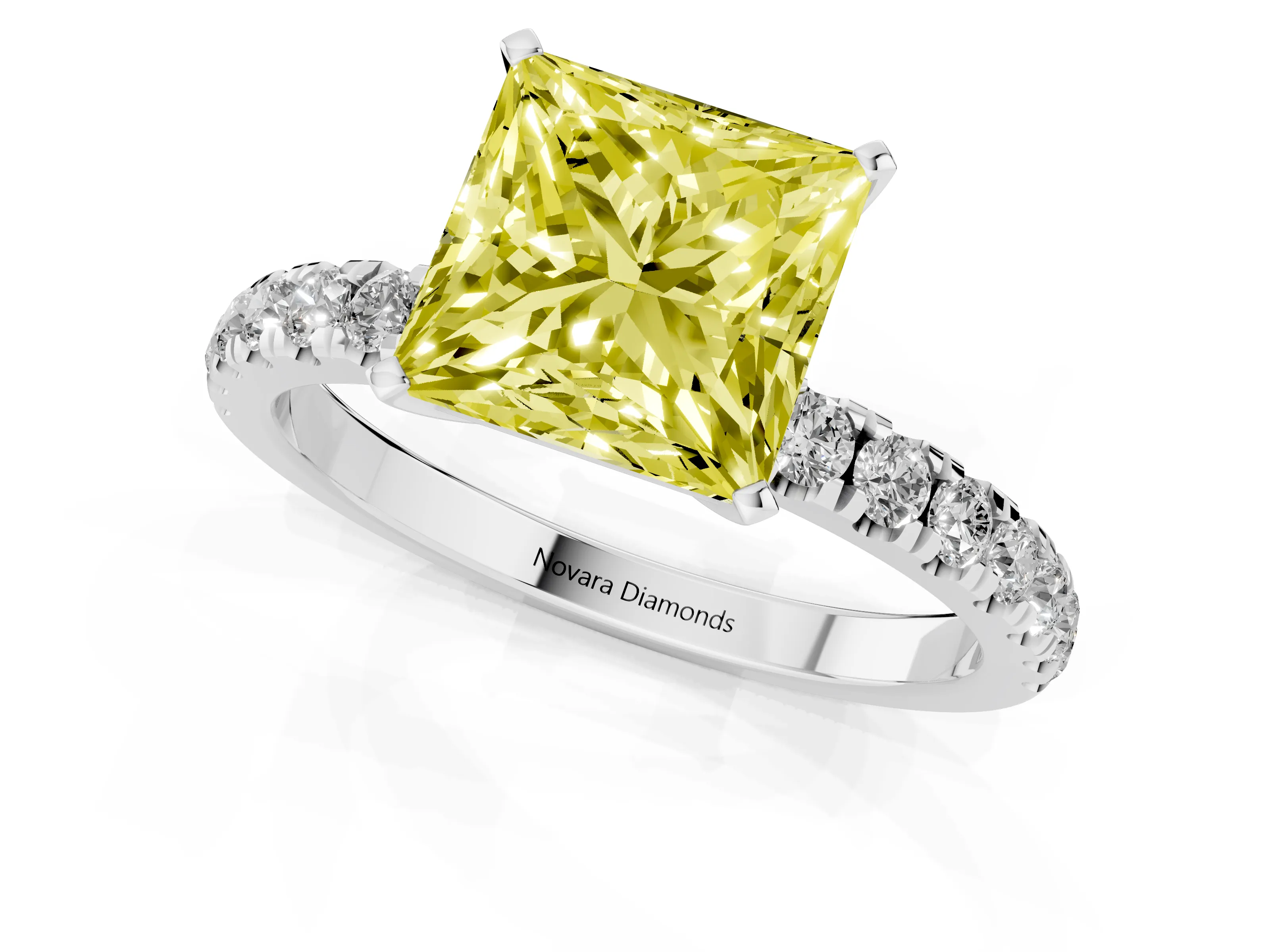 Fancy Yellow Princess Cut Diamond Solitaire Ring Set in Silver with Pavé Accents and Prong Setting