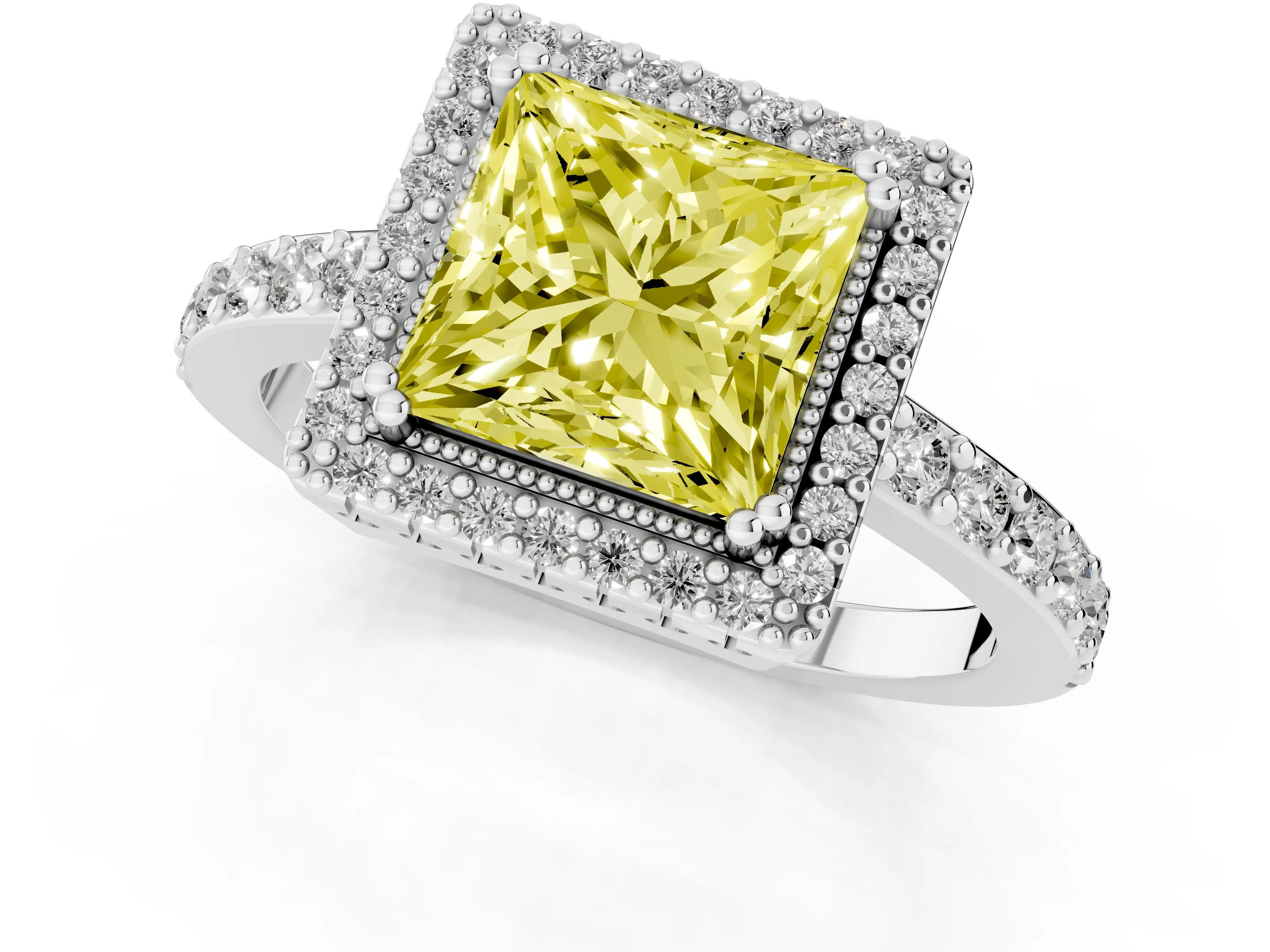 Fancy Yellow Princess Cut Diamond Halo Engagement Ring Set in White gold with Milgrain Detail and Pavé Band
