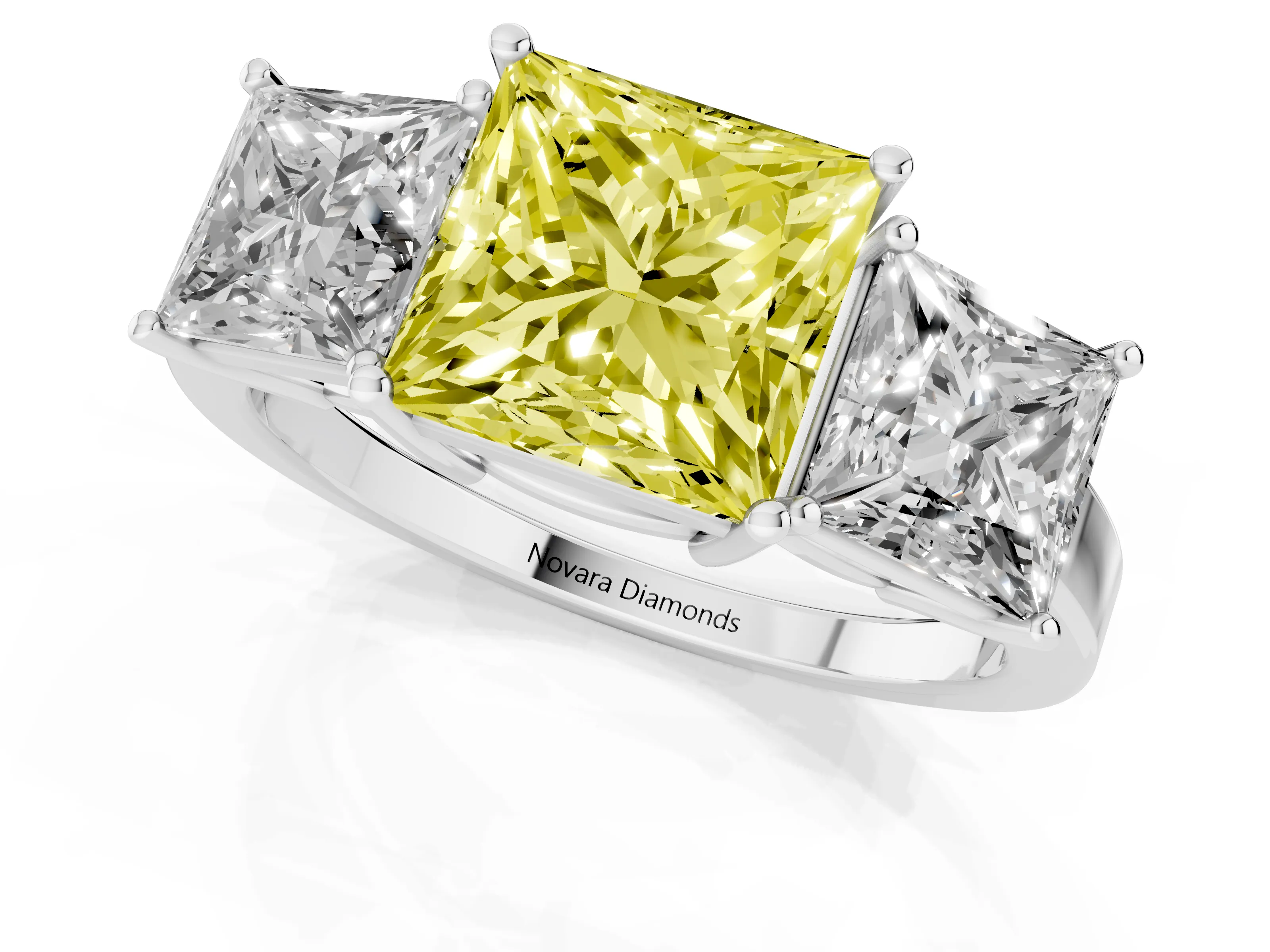 Fancy Yellow Princess Cut Diamond Three-Stone Engagement Ring Set in Platinum with Flat Band