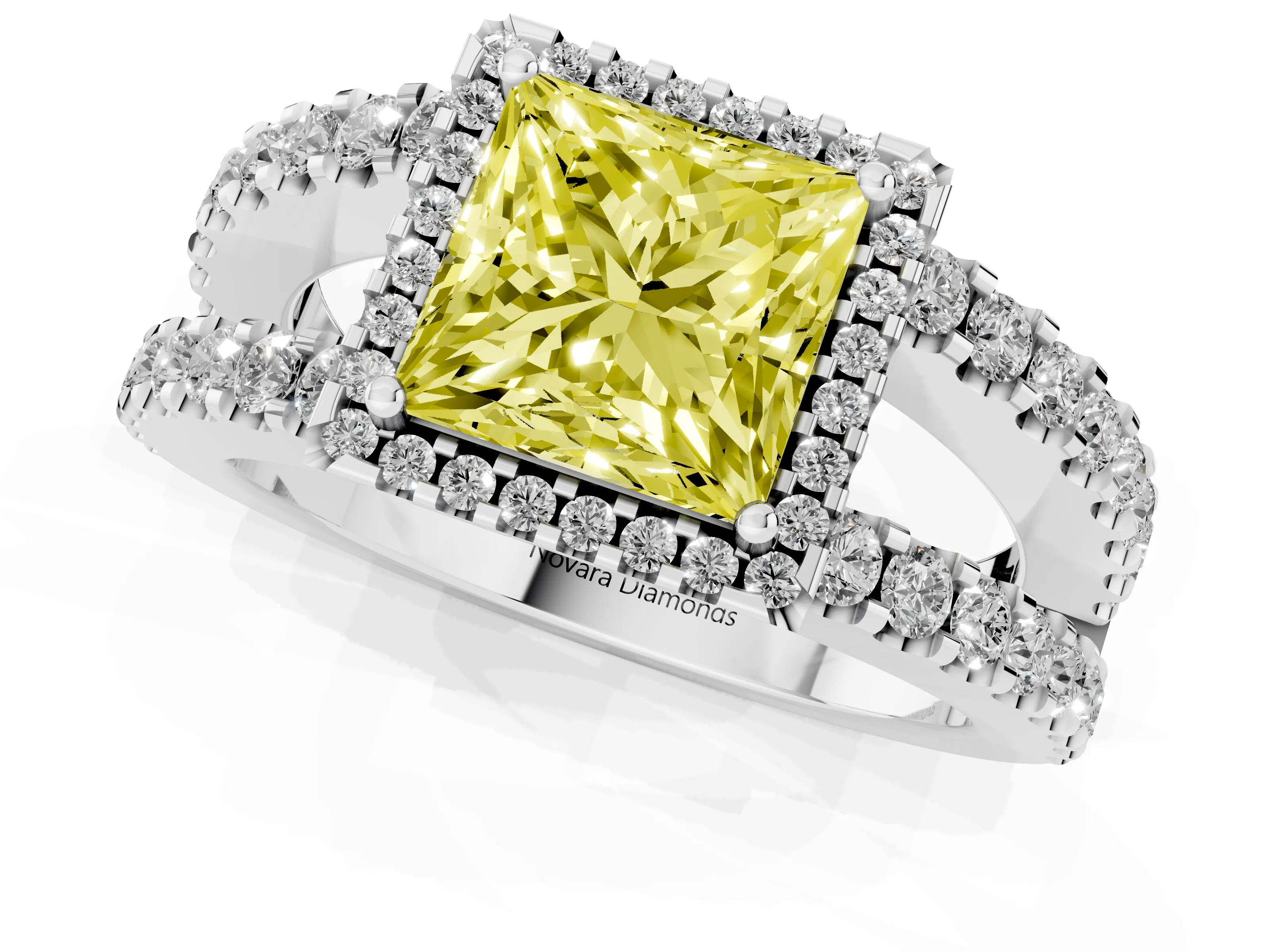 Fancy Yellow Princess Cut Diamond Halo Ring Set in Platinum with Pavé Split Shank and Prong Setting