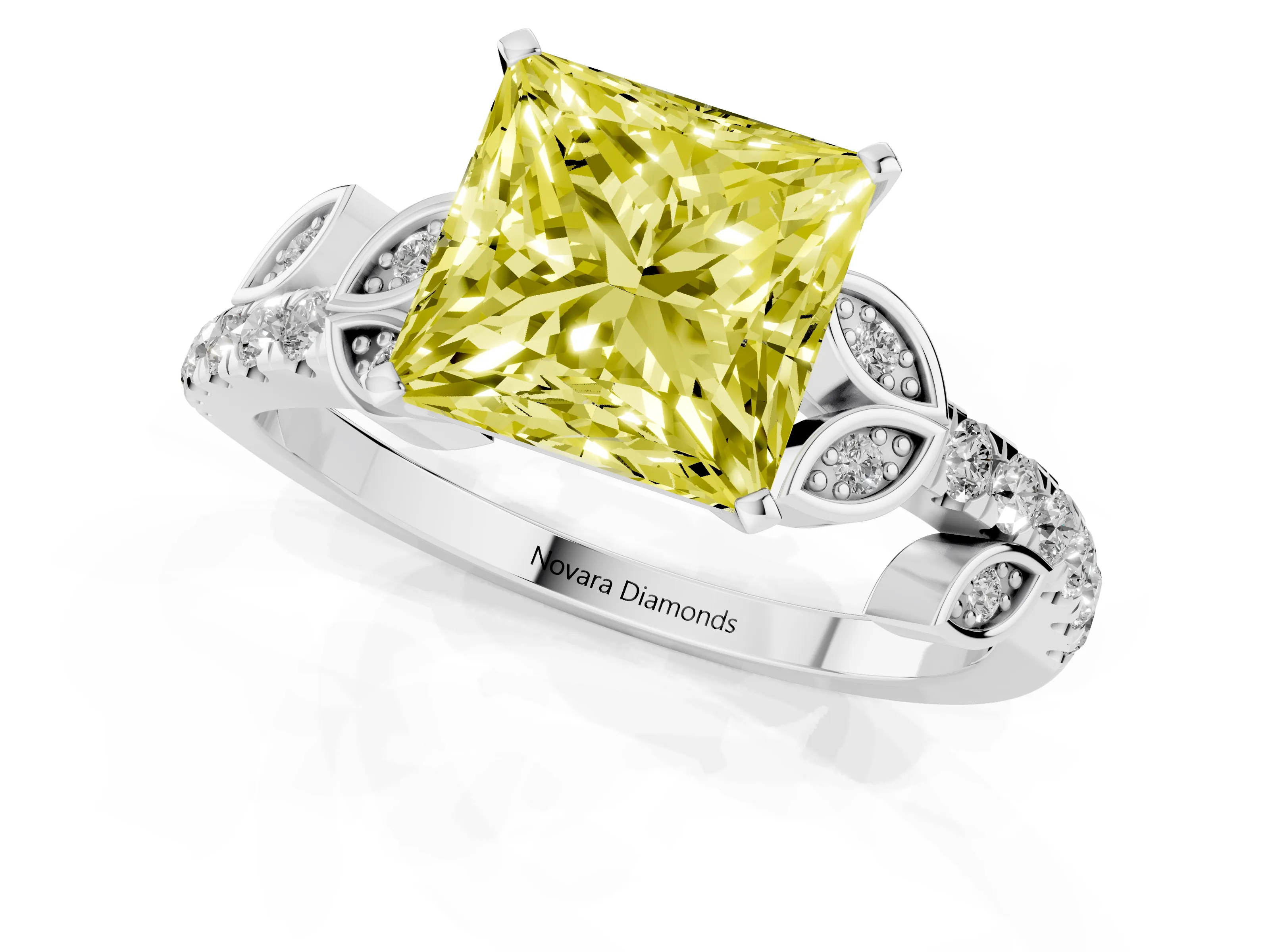 Fancy Yellow Princess Cut Diamond Solitaire Leaf-Inspired Ring Set in White gold with Pavé Band and Prong Setting
