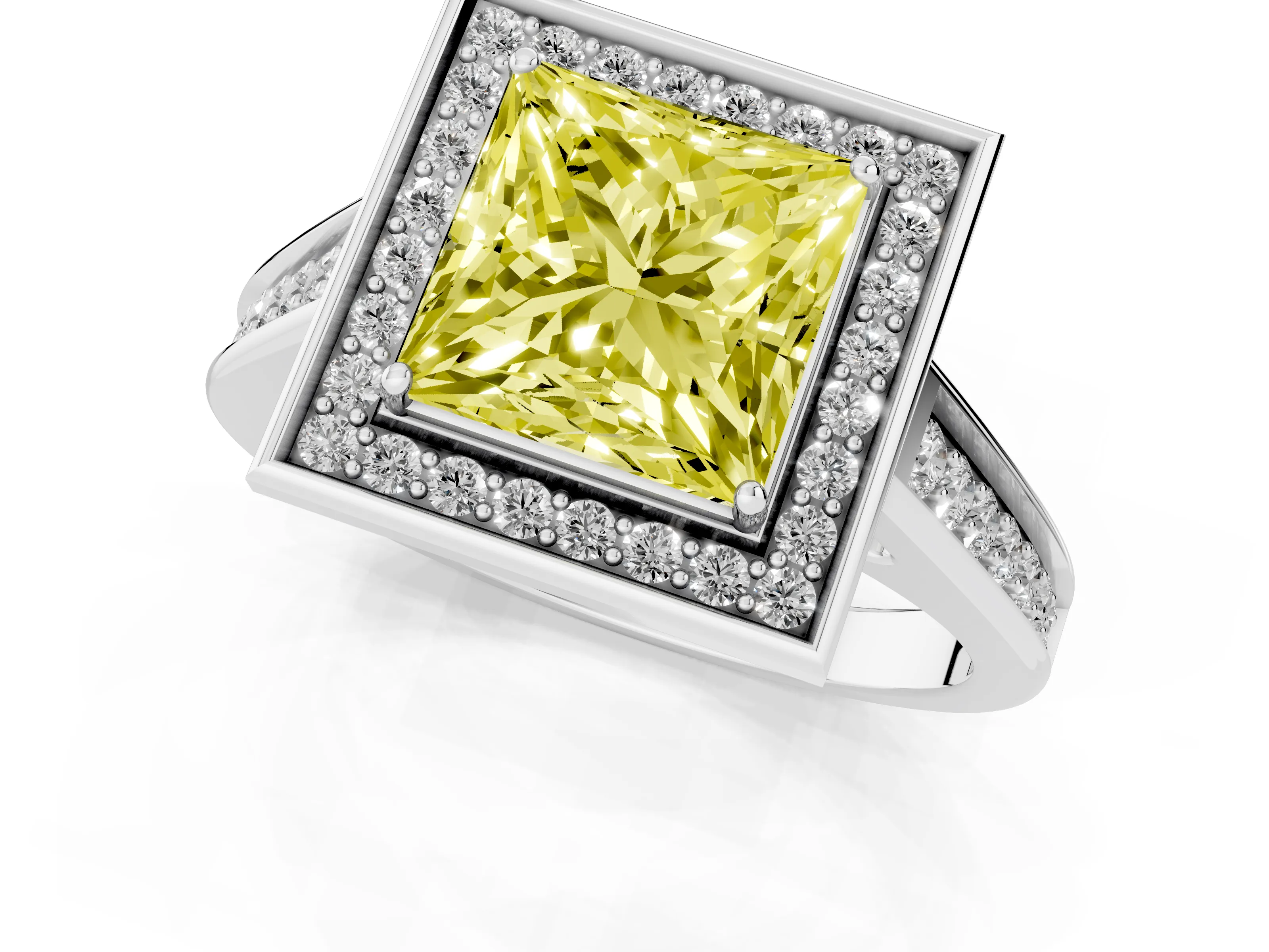 Fancy Yellow Princess Cut Diamond Halo Solitaire Ring Set in Platinum with Pavé Band and Bezel Setting
