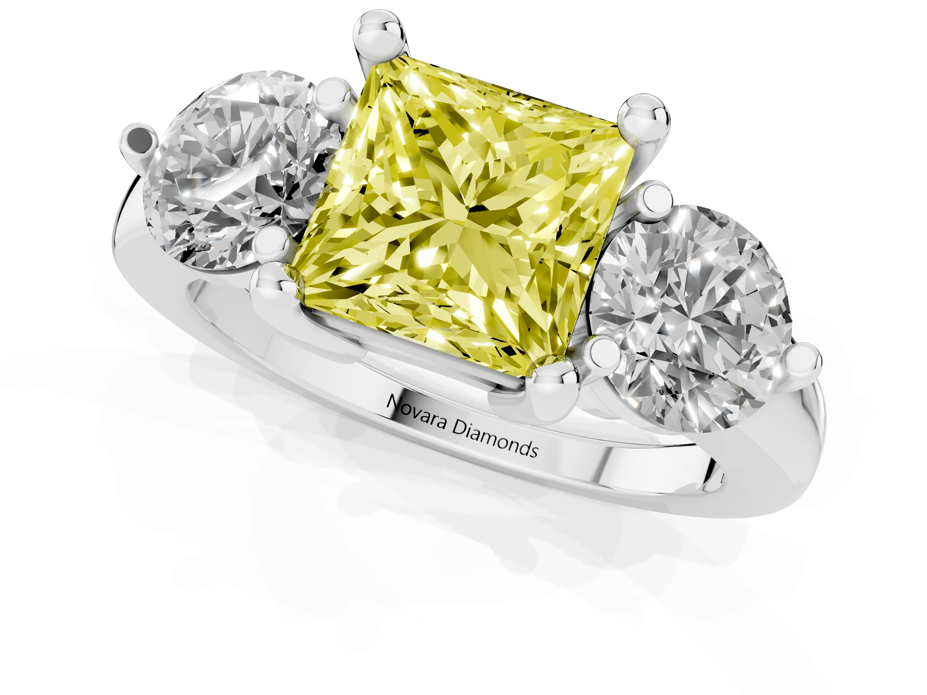 Fancy Yellow Princess Cut Diamond Three-Stone Ring Set in White gold with Prong Setting and Classic Band