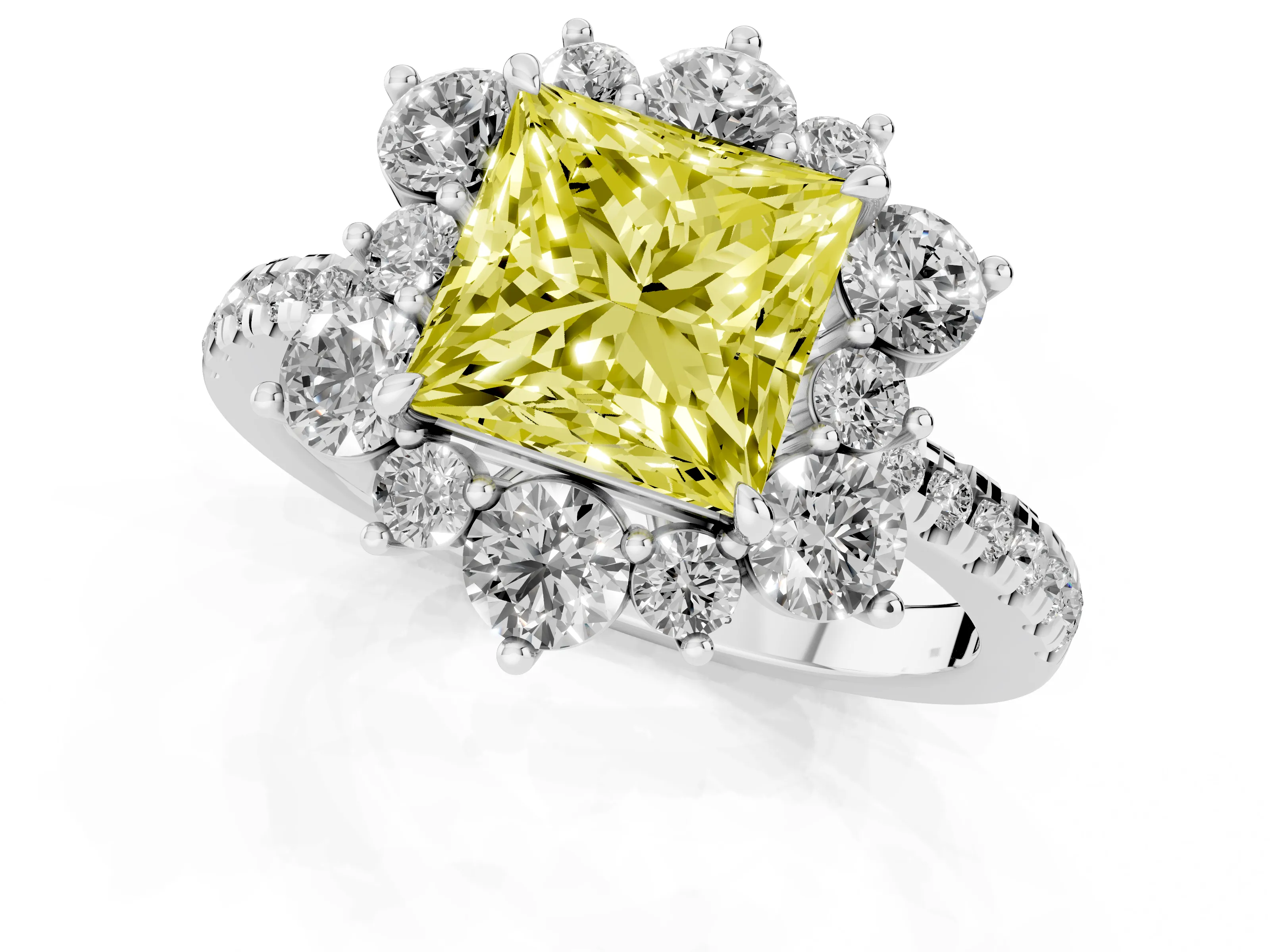 Fancy Yellow Princess Cut Diamond Floral Halo Ring Set in Platinum with Round Pavé Band and Prong Setting