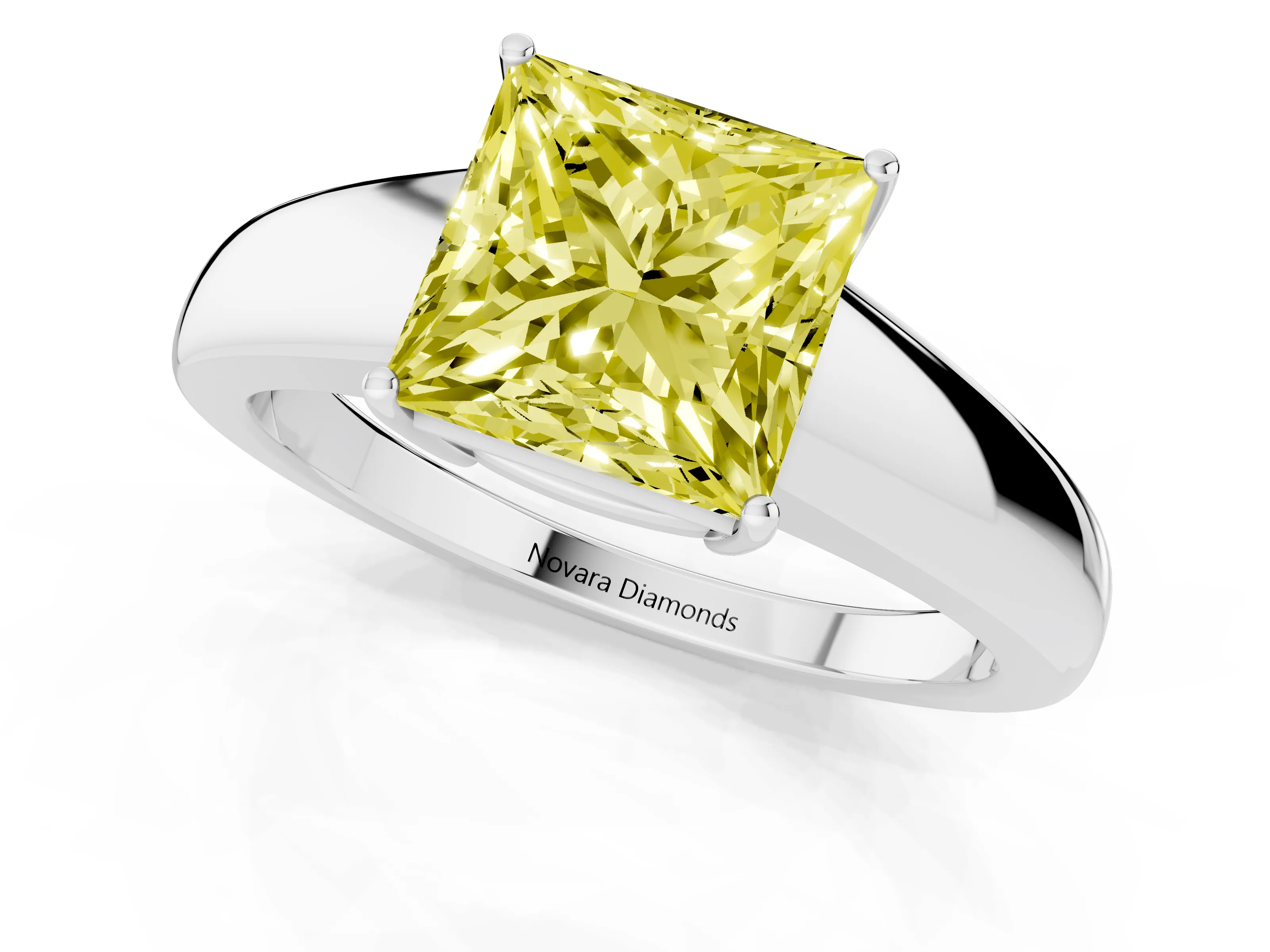 Fancy Yellow Princess Cut Diamond Solitaire Ring Set in Silver with Tapered Band and Prong Setting