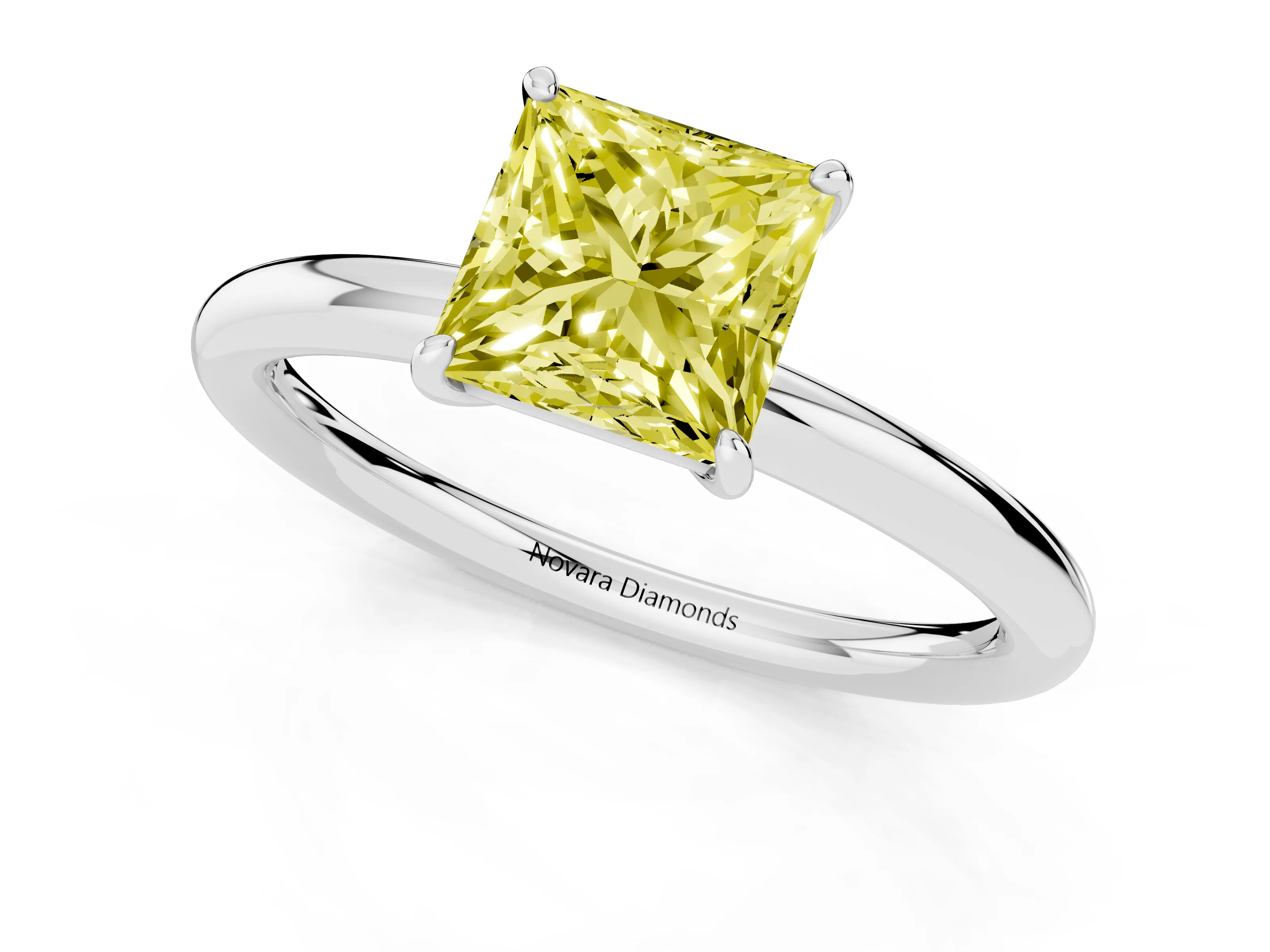Fancy Yellow Princess Cut Diamond Solitaire Ring Set in Silver with Prong Setting on a Polished Plain Band