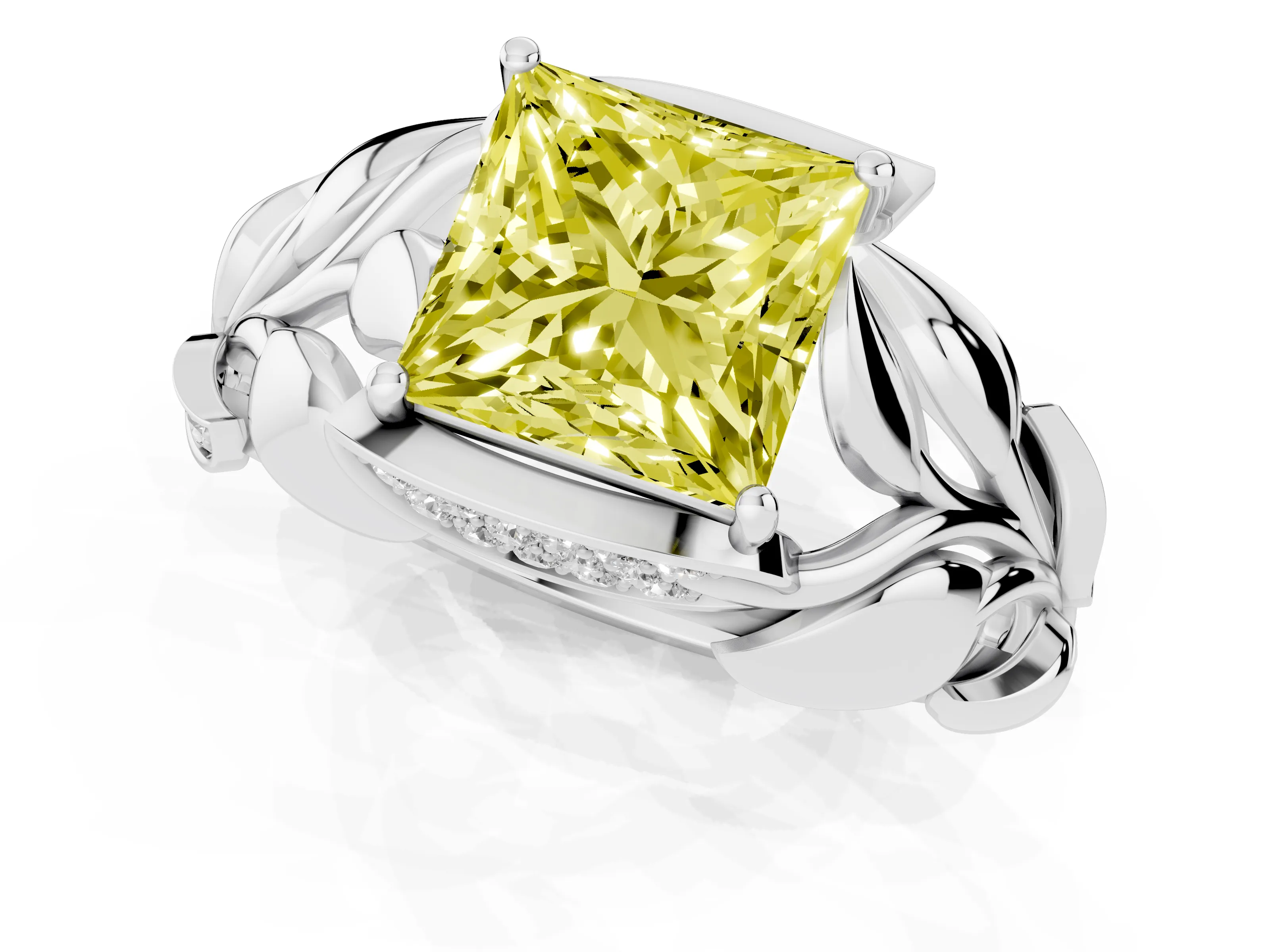 Fancy Yellow Princess Cut Diamond Leaf-Inspired Engagement Ring Set in White gold with Round Accents – second view