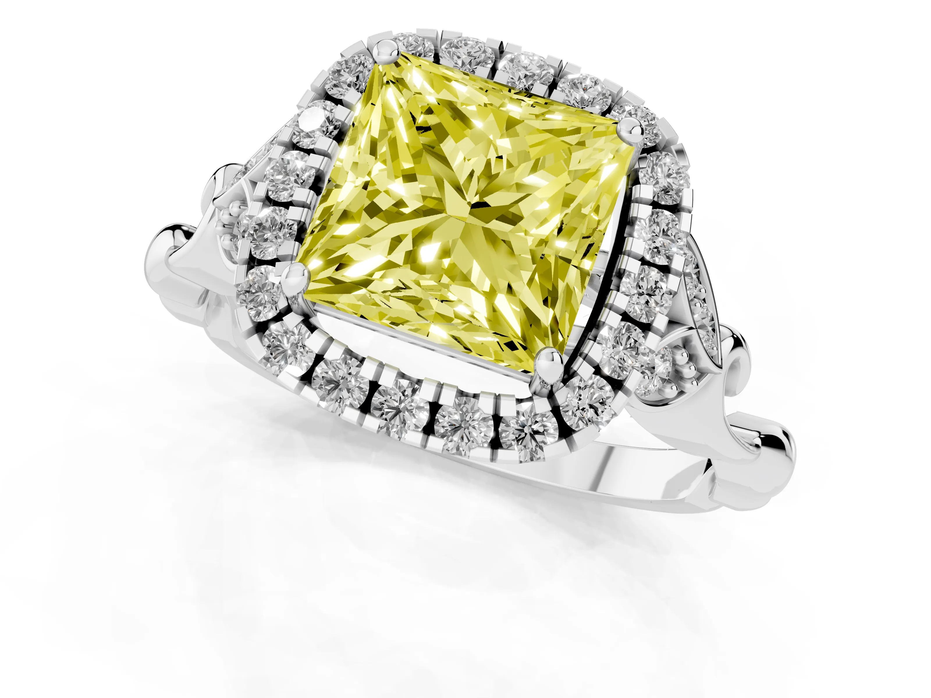 Fancy Yellow Princess Cut Diamond Halo Engagement Ring Set in Platinum with Vintage-Inspired Band and Prong Setting