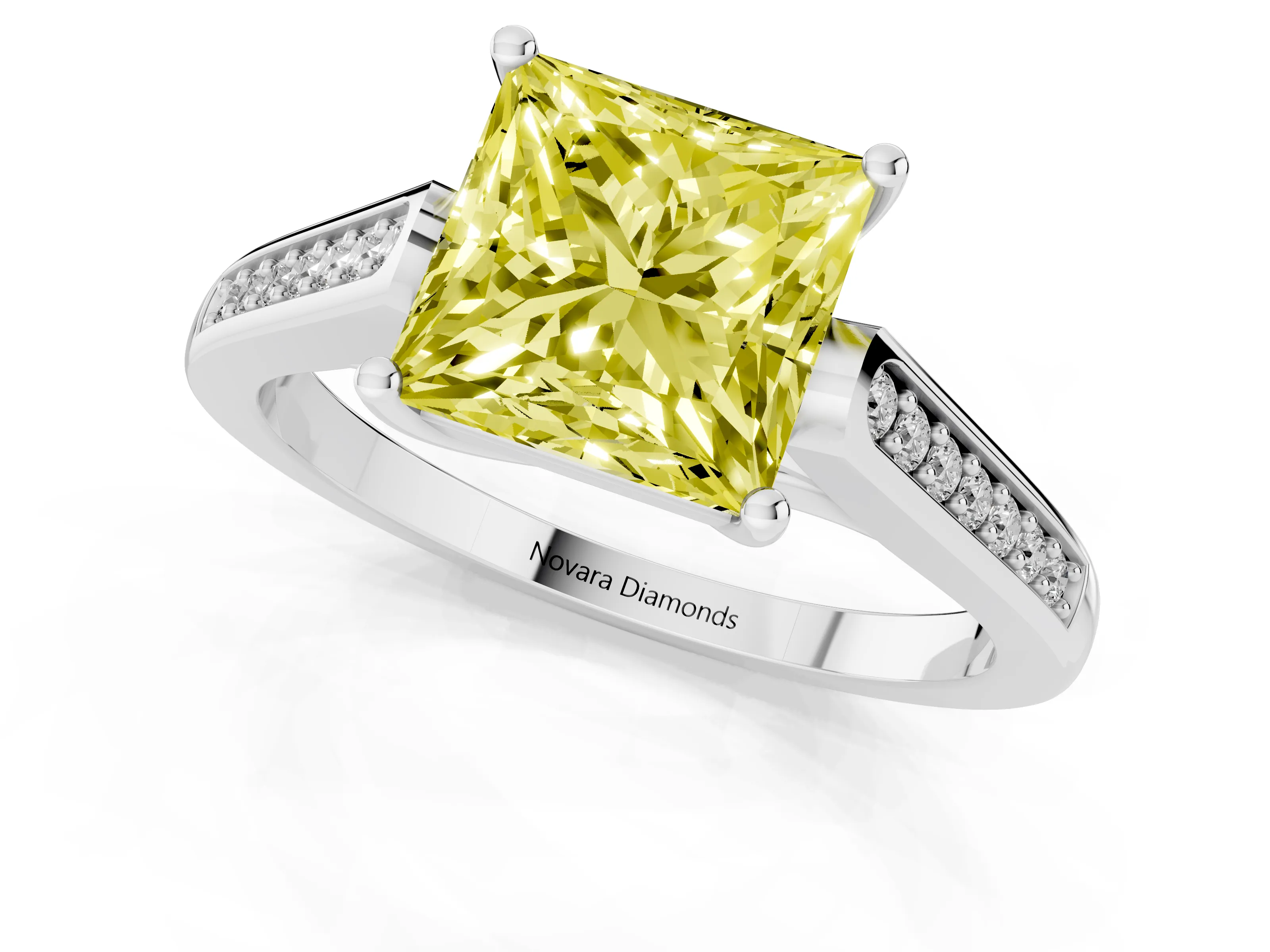 Fancy Yellow Princess Cut Diamond Solitaire Cathedral Engagement Ring Set in Platinum with Channel-Set Band and Prong Setting