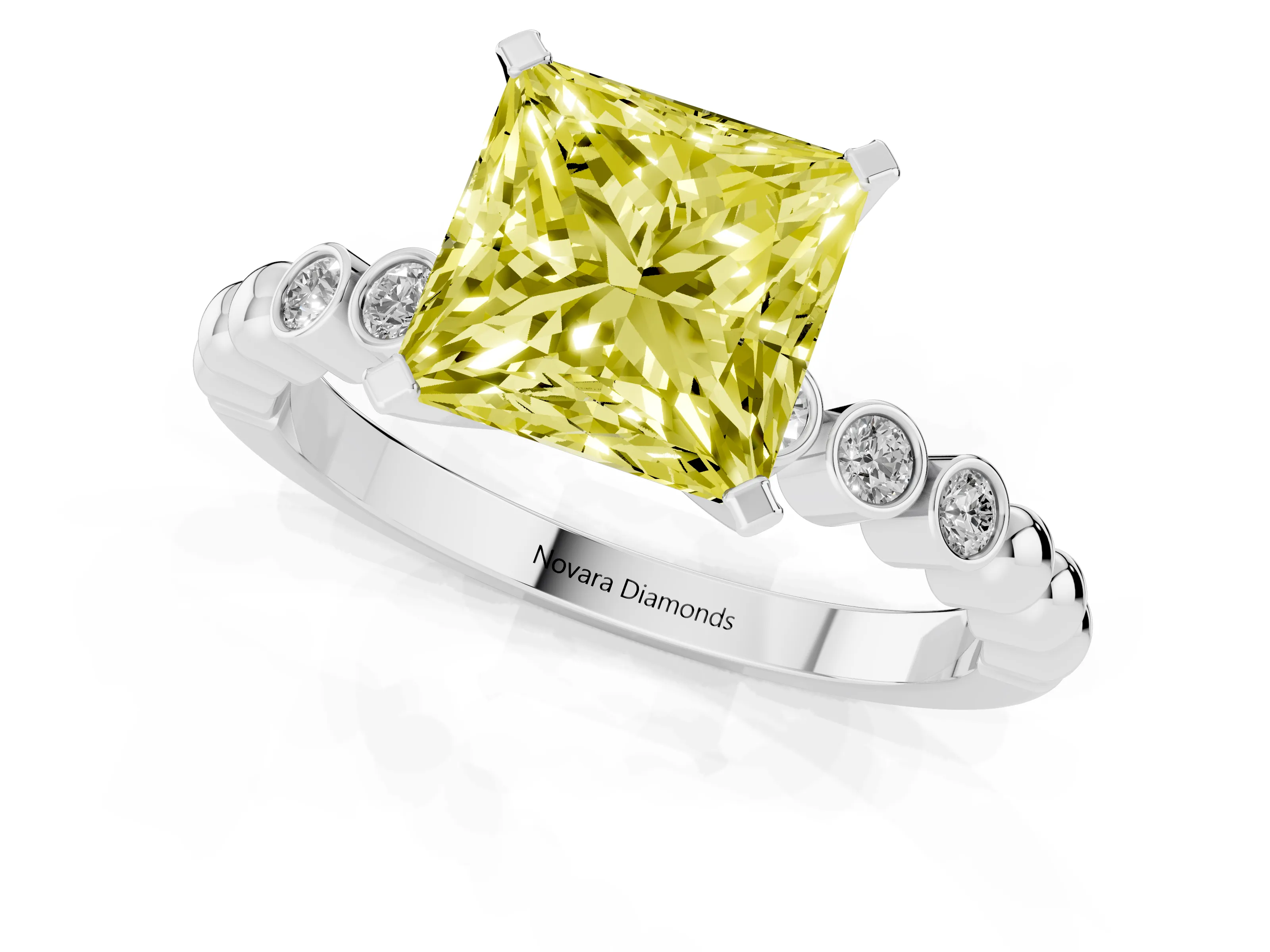 Fancy Yellow Princess Cut Diamond Solitaire Engagement Ring Set in Silver with Bezel Accents on Beaded Band