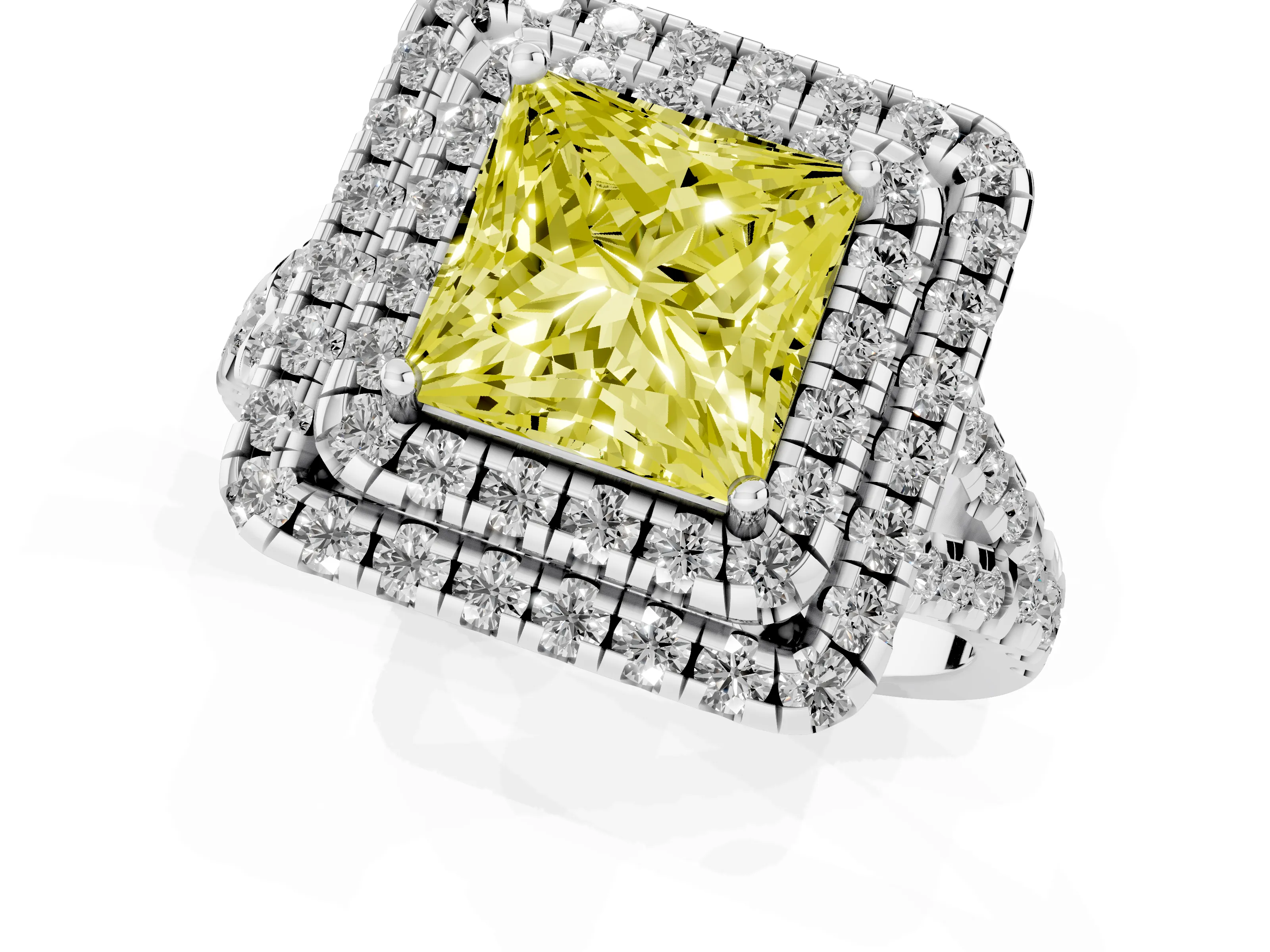 Fancy Yellow Princess Cut Diamond Double Halo Ring Set in Platinum with Pavé Split Shank and Prong Setting