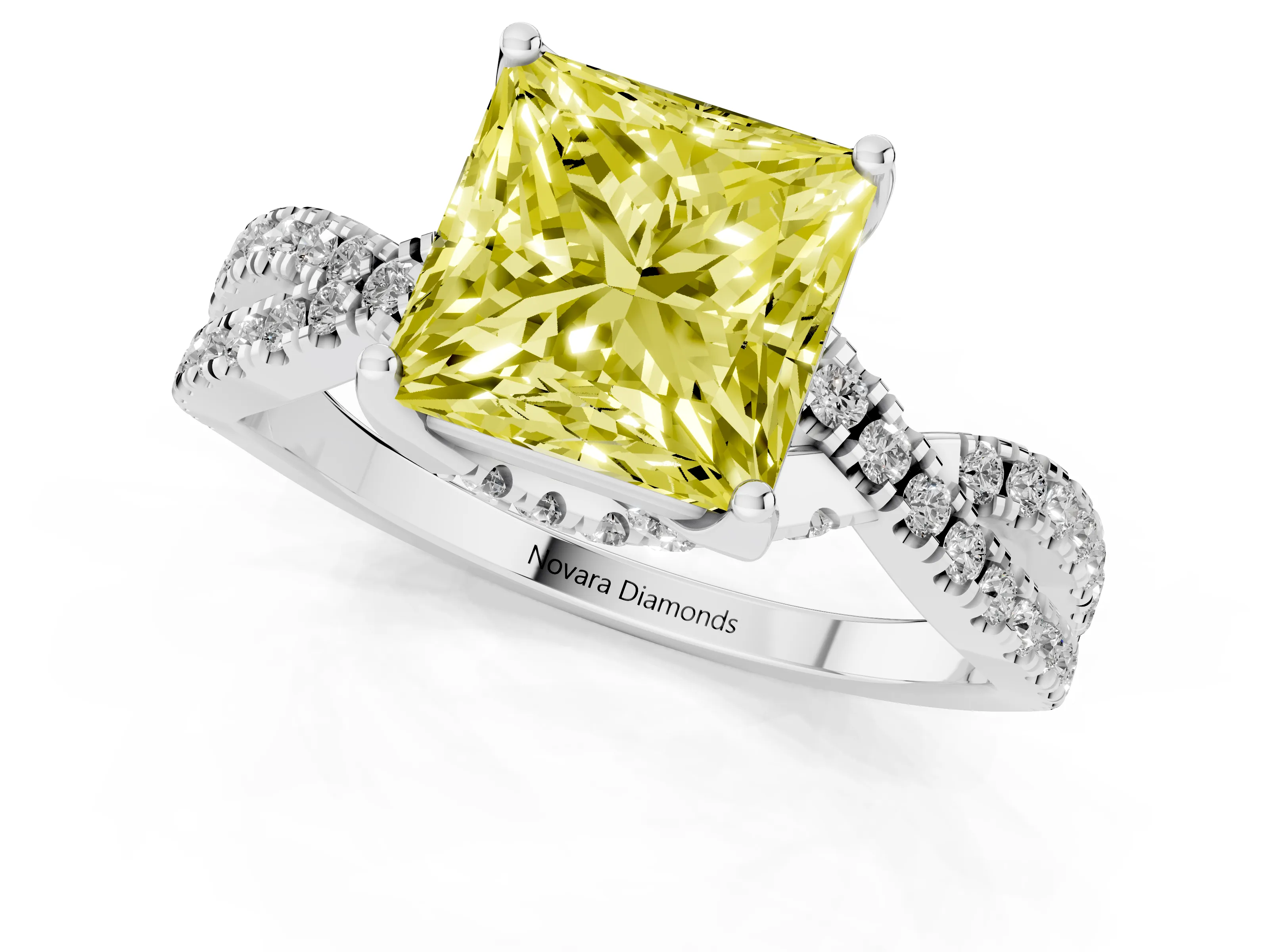 Fancy Yellow Princess Cut Diamond Twist Pavé Solitaire Engagement Ring Set in Silver with Prong Setting