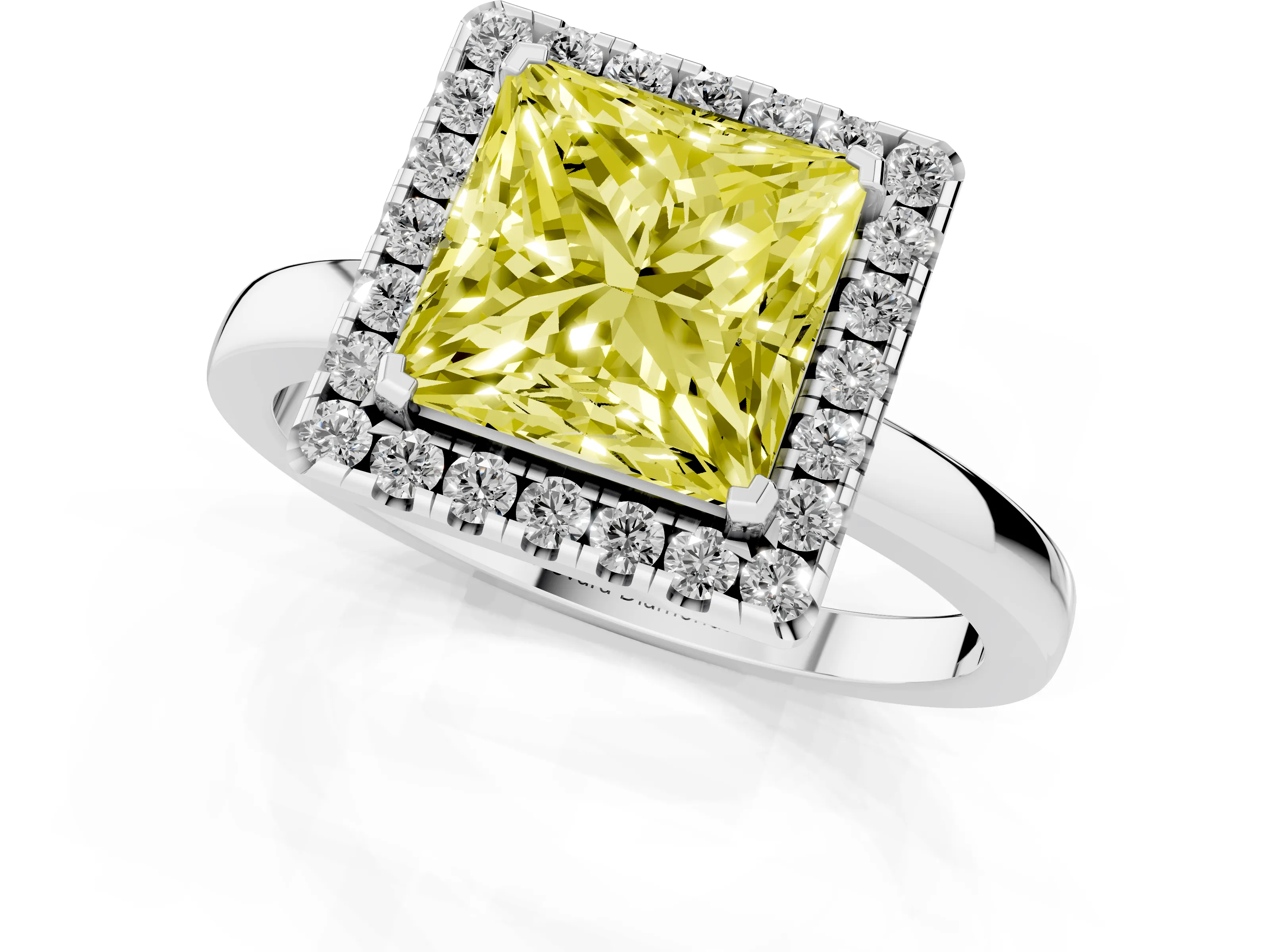 Fancy Yellow Princess Cut Diamond Halo Solitaire Ring Set in White gold with Pavé Band and Prong Setting