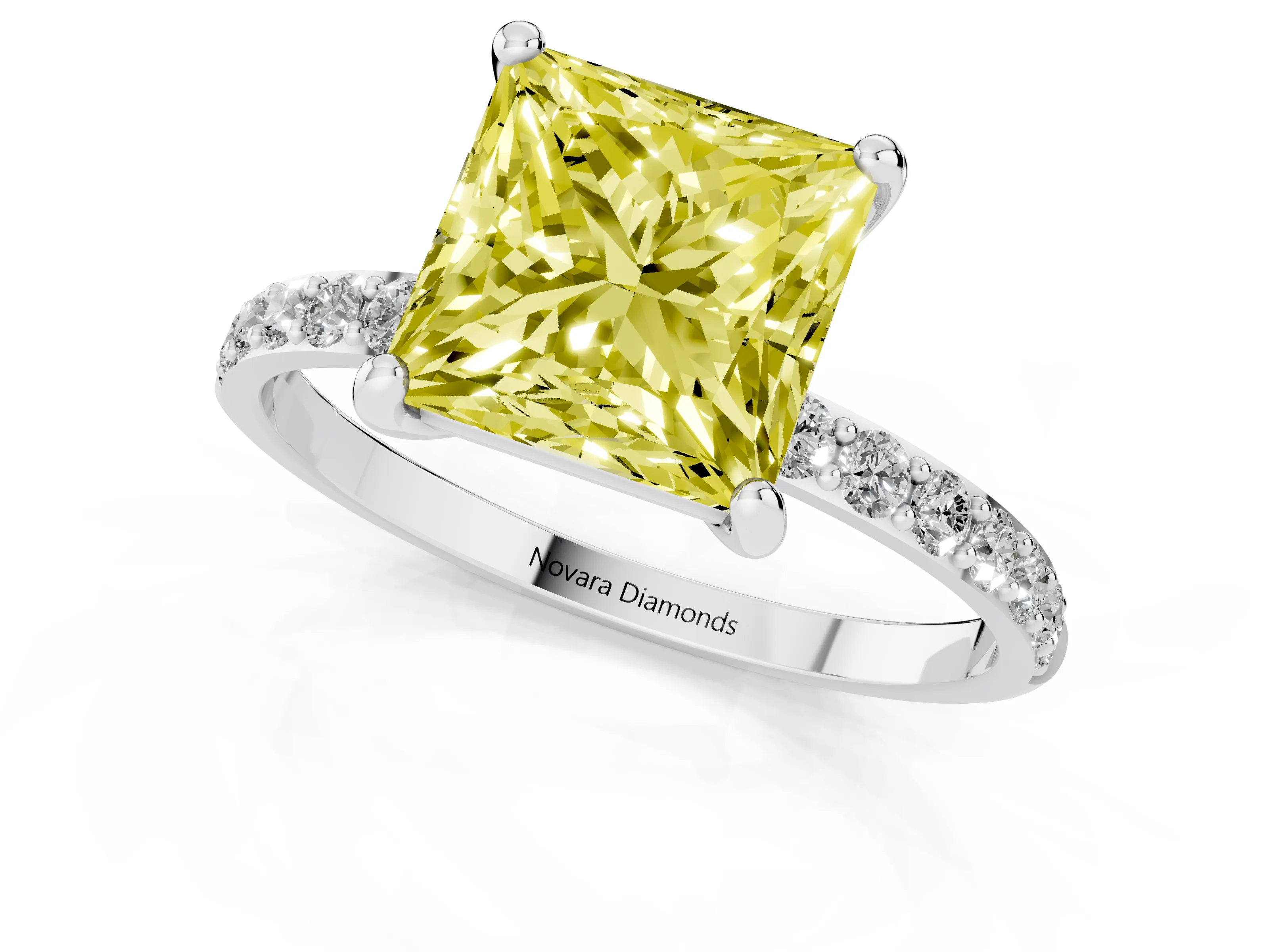 Fancy Yellow Princess Cut Diamond Solitaire Ring Set in White gold with Round Pavé Band and Prong Setting