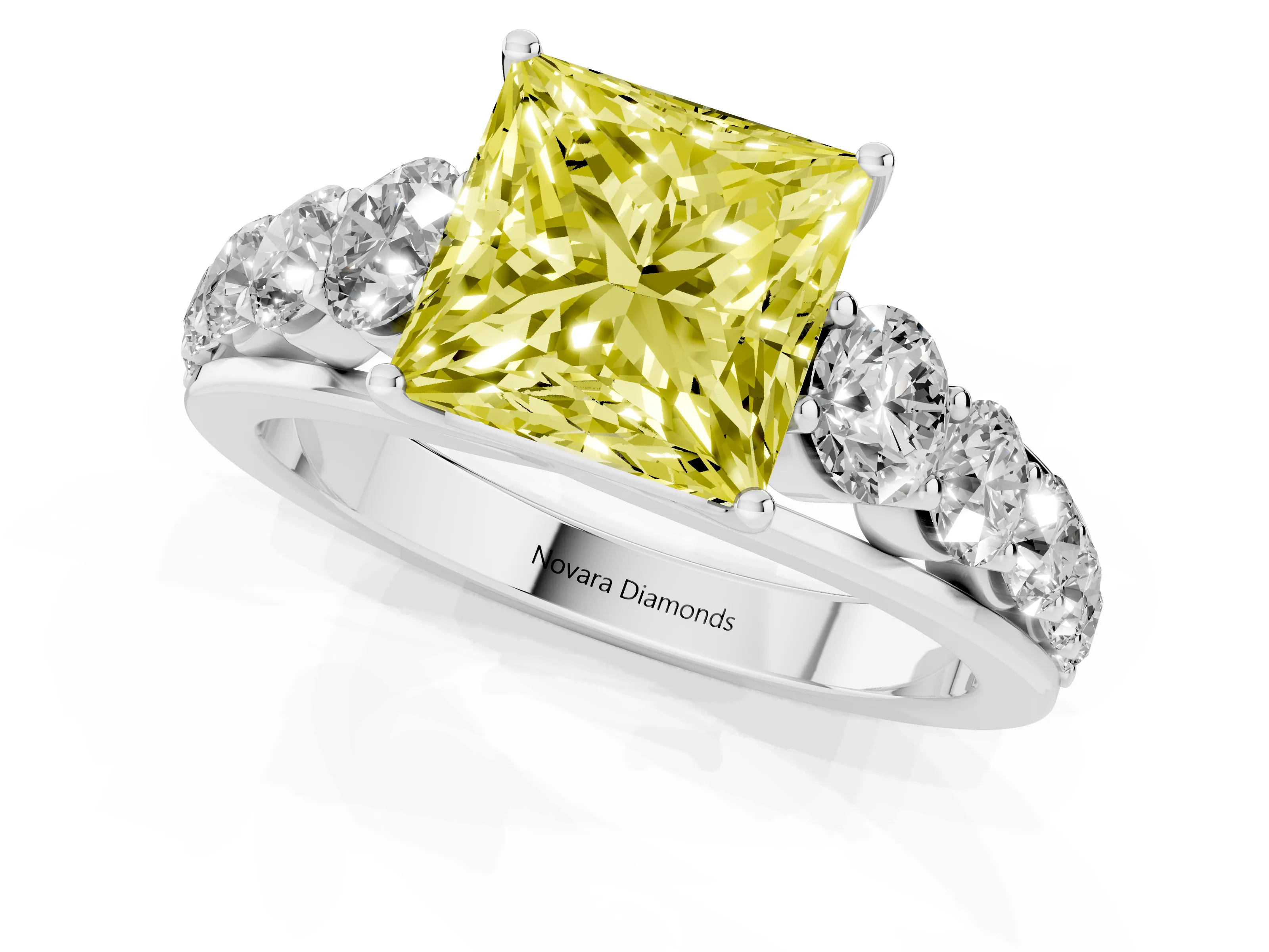 Fancy Yellow Princess Cut Diamond Solitaire Ring Set in Platinum with Pavé-Set Band and Prong Setting