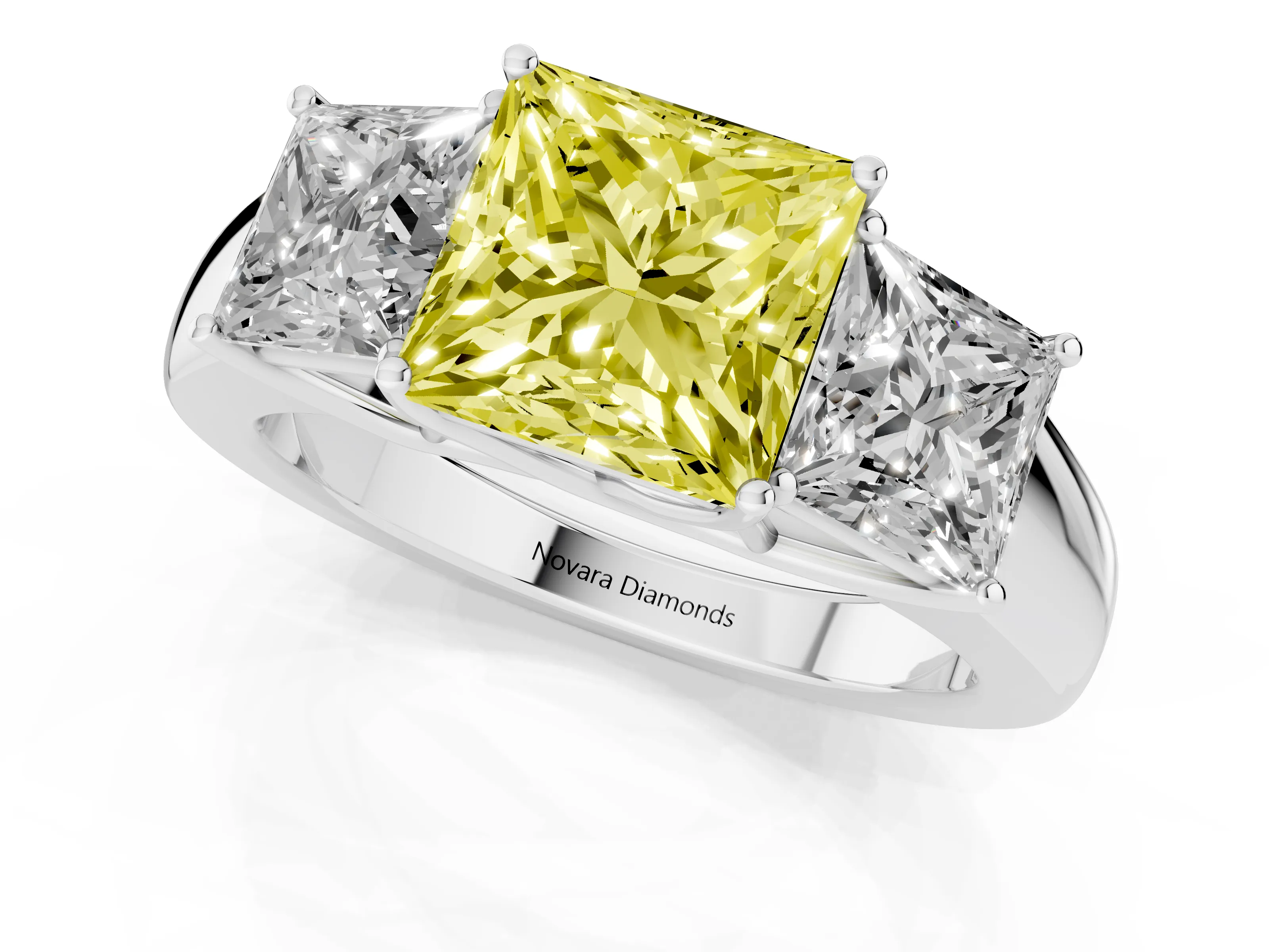 Fancy Yellow Three-Stone Princess Cut Diamond Ring Set in Platinum with Matching Prong Settings and Plain Band