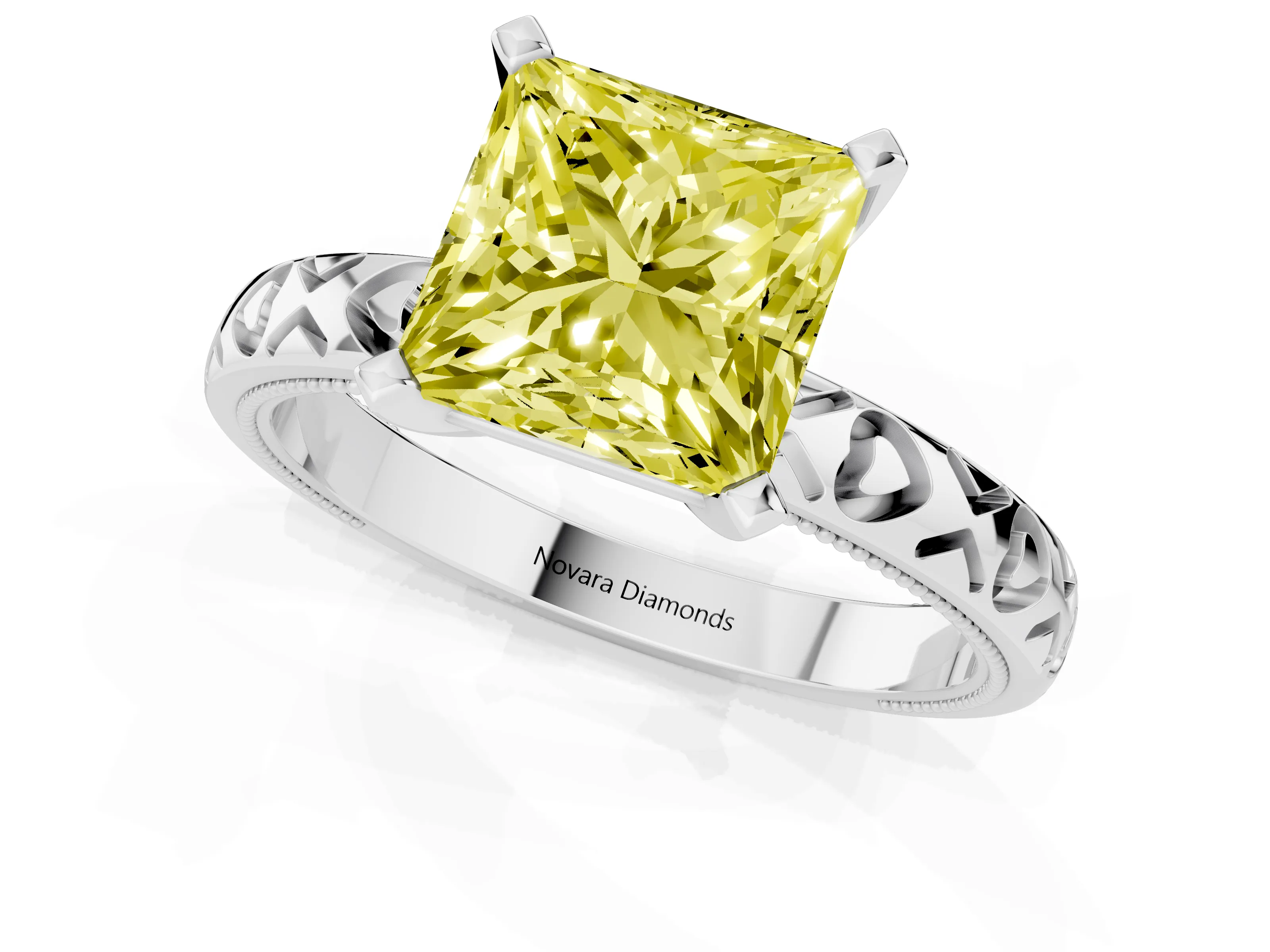 Fancy Yellow Princess Cut Diamond Solitaire Engagement Ring Set in Platinum with XO Engraved Band and Prong Setting