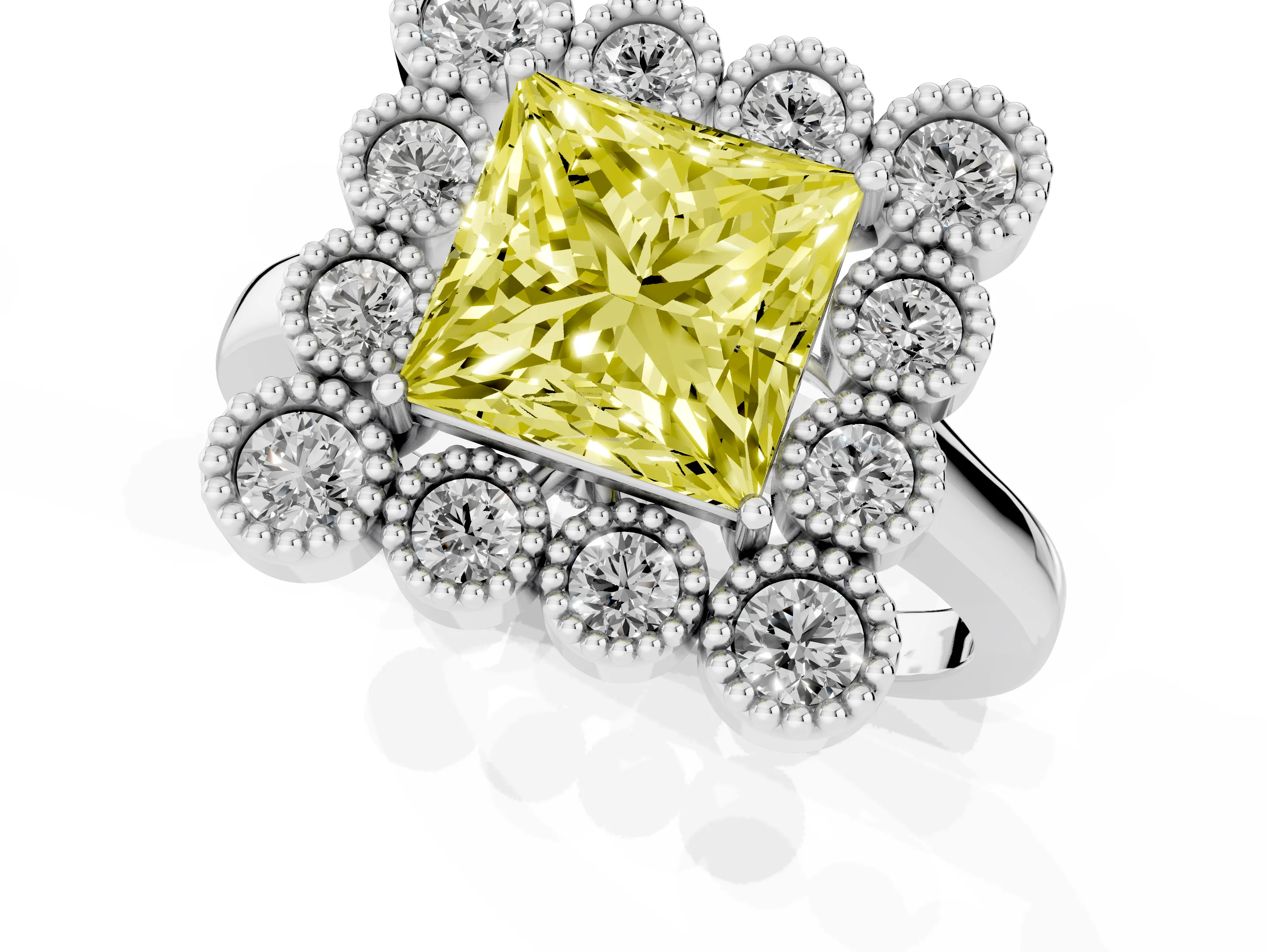 Fancy Yellow Princess Cut Diamond Cluster Halo Ring Set in White gold with Milgrain Bezel Accents and Plain Band
