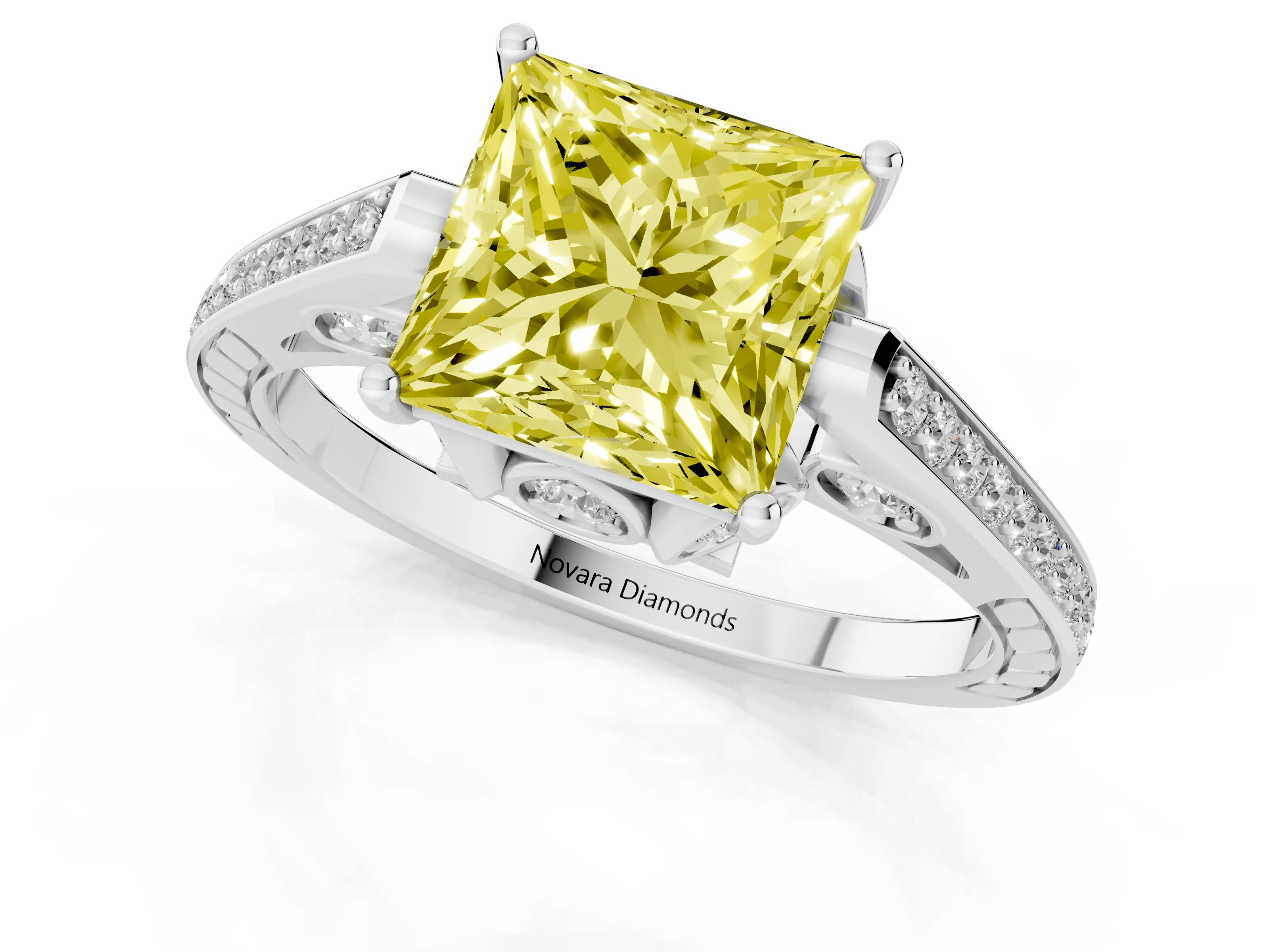 Fancy Yellow Princess Cut Diamond Cathedral Pavé Engagement Ring Set in White gold with Prong Setting