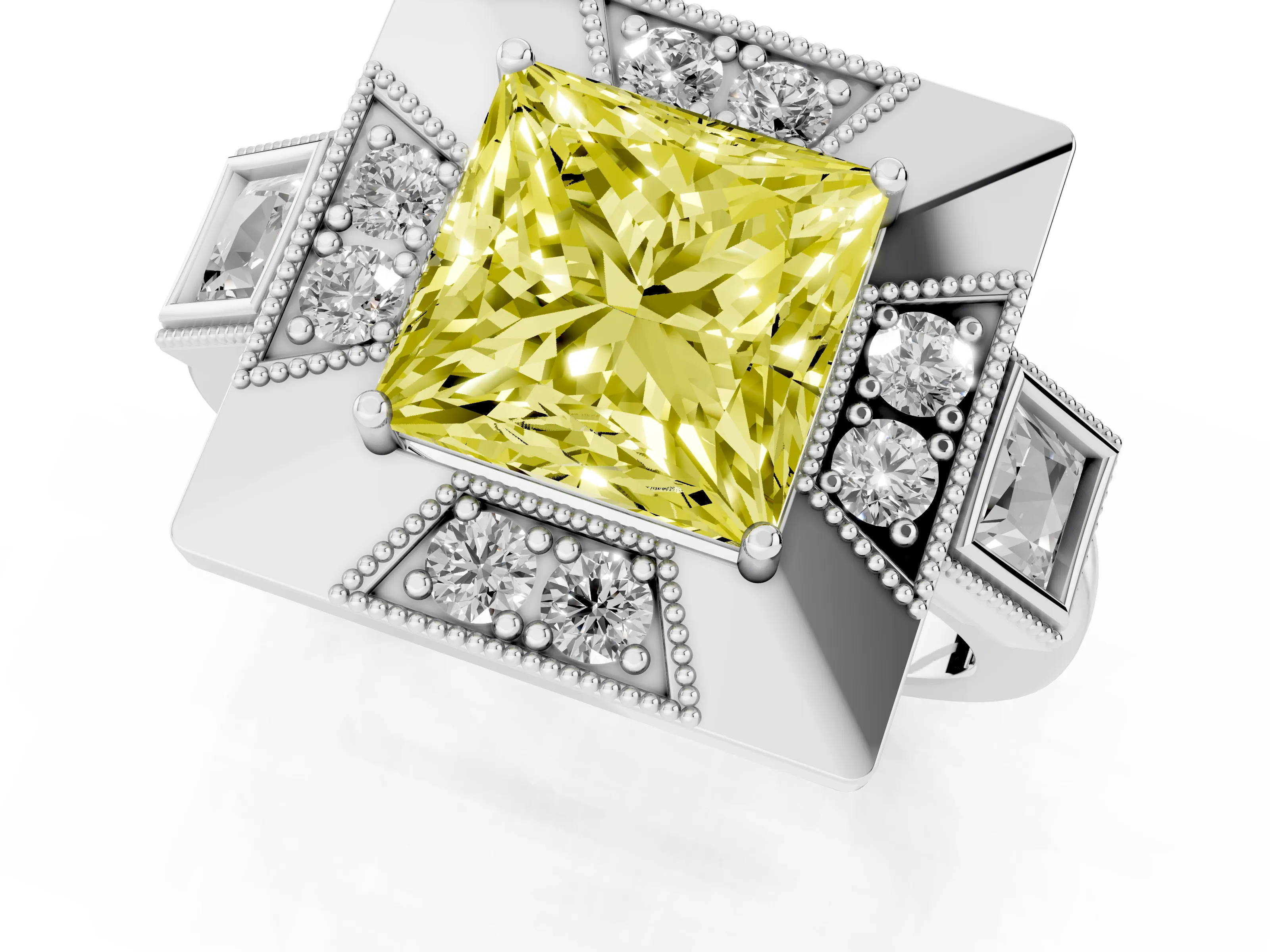 Fancy Yellow Princess Cut Diamond Milgrain Halo Ring Set in Silver with Split Shank