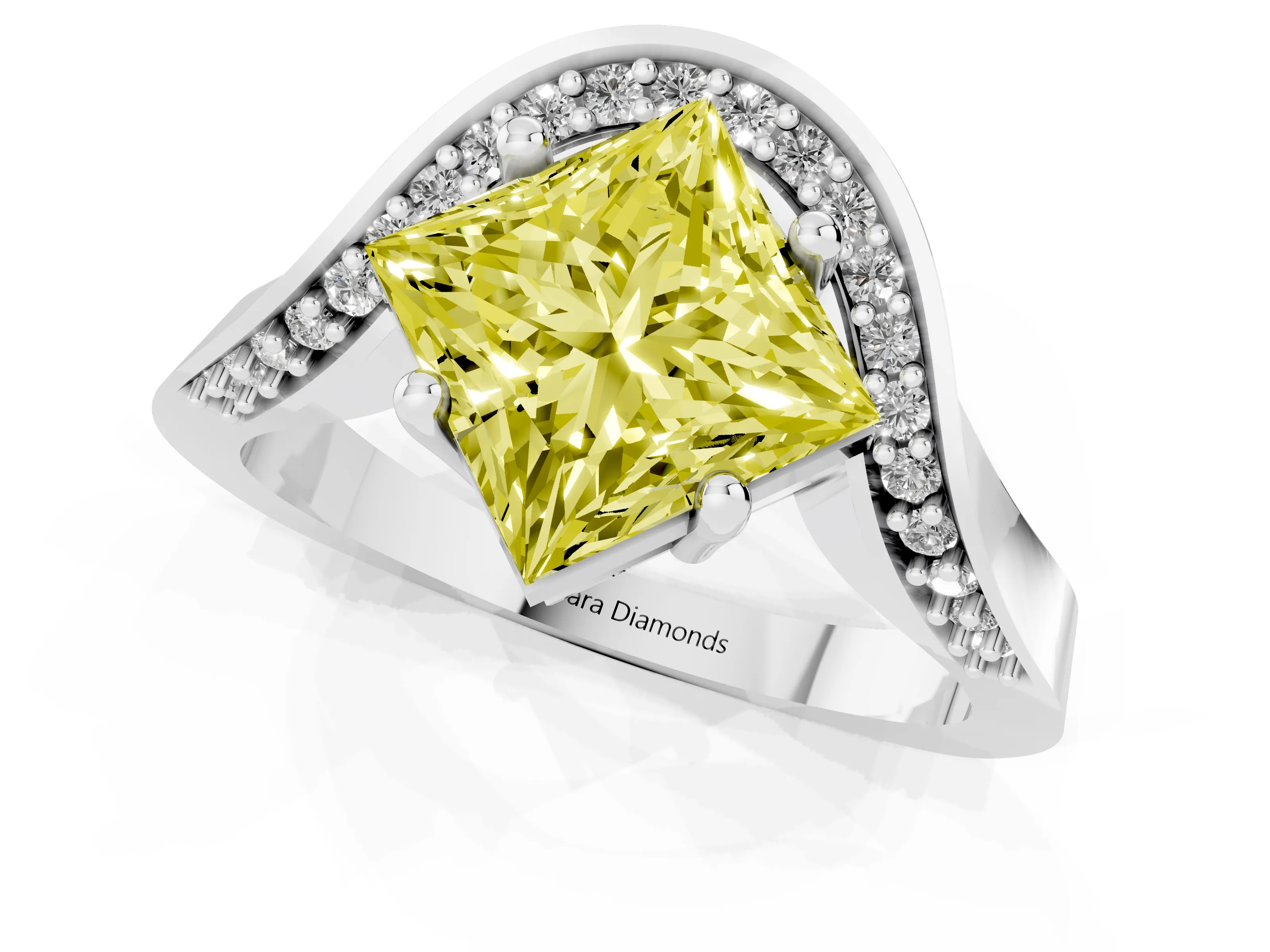 Fancy Yellow Princess Cut Diamond Solitaire Engagement Ring Set in Silver with Pavé Shoulders