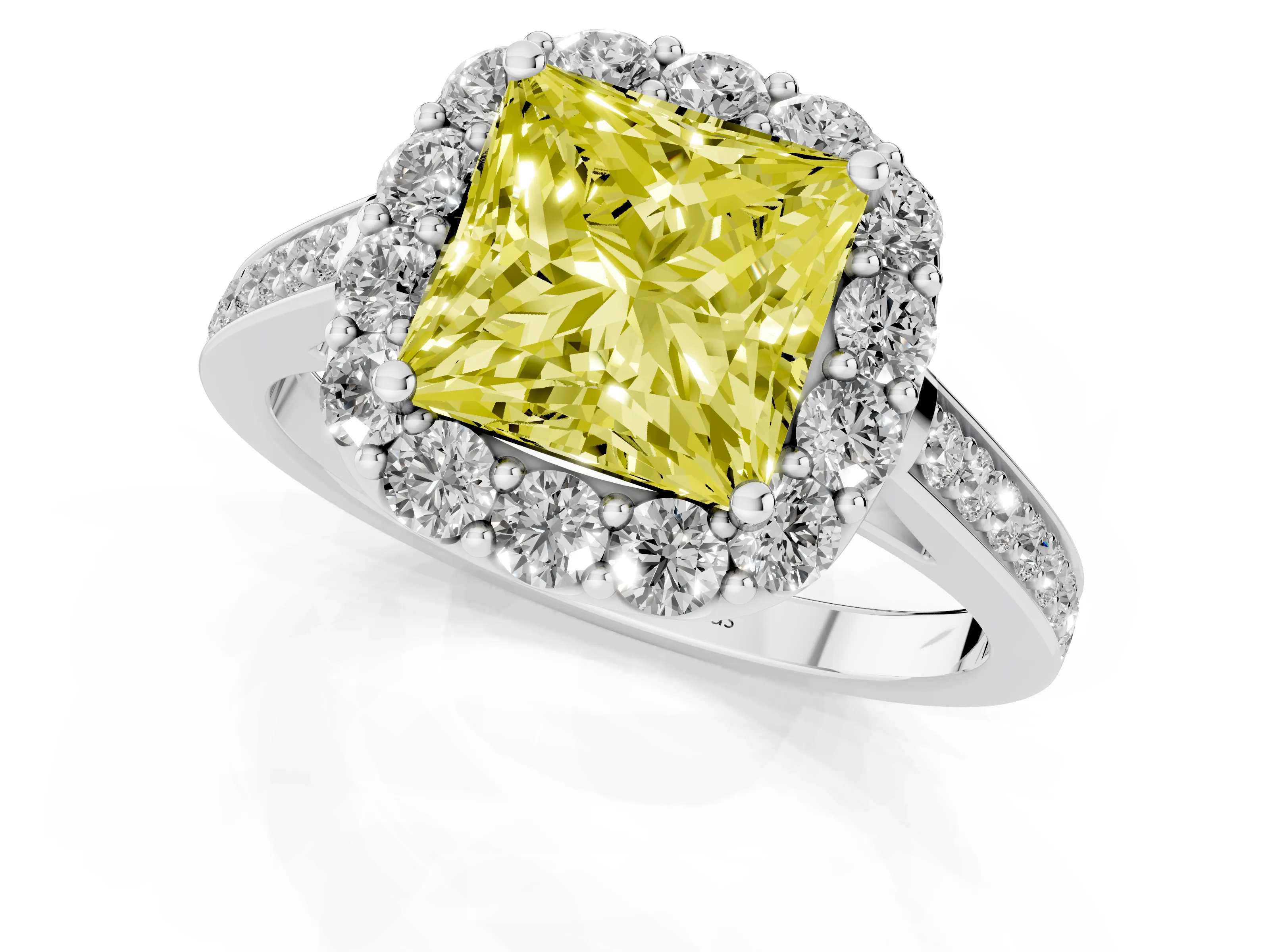 Fancy Yellow Princess Cut Diamond Floral Halo Ring Set in Platinum with Pavé Band and Prong Setting
