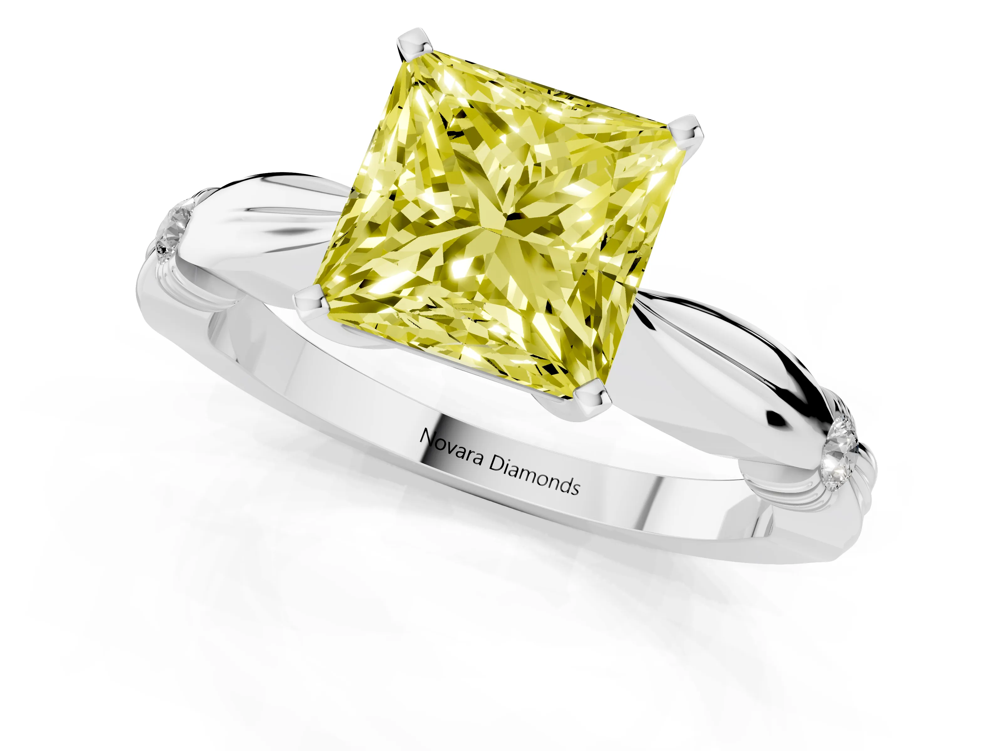 Fancy Yellow Princess Cut Diamond Solitaire Twisted Band Ring Set in Silver with Accent Stones and Prong Setting – second view