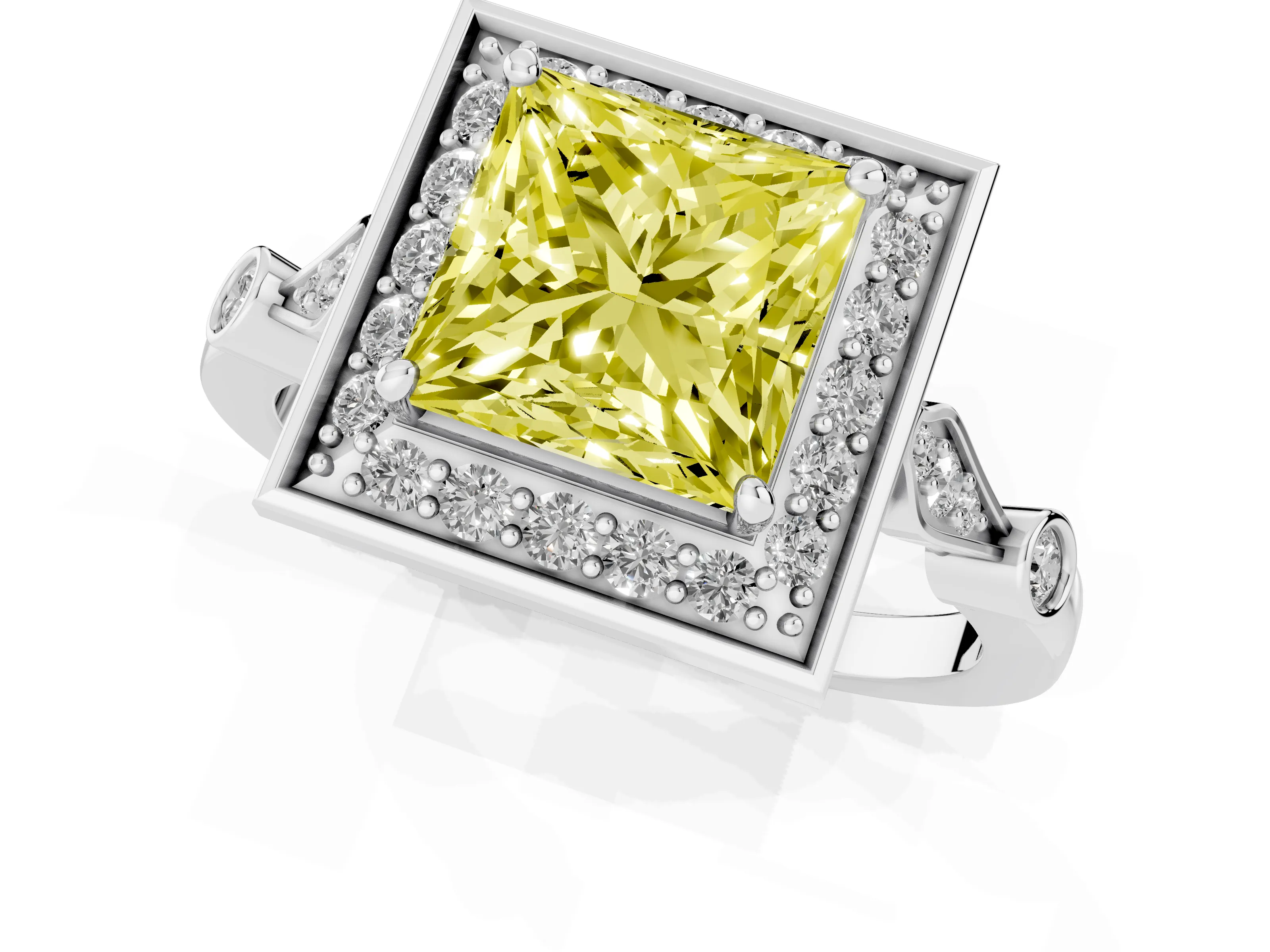Fancy Yellow Princess Cut Diamond Halo Engagement Ring Set in Platinum with Twisted Band and Prong Setting – second view