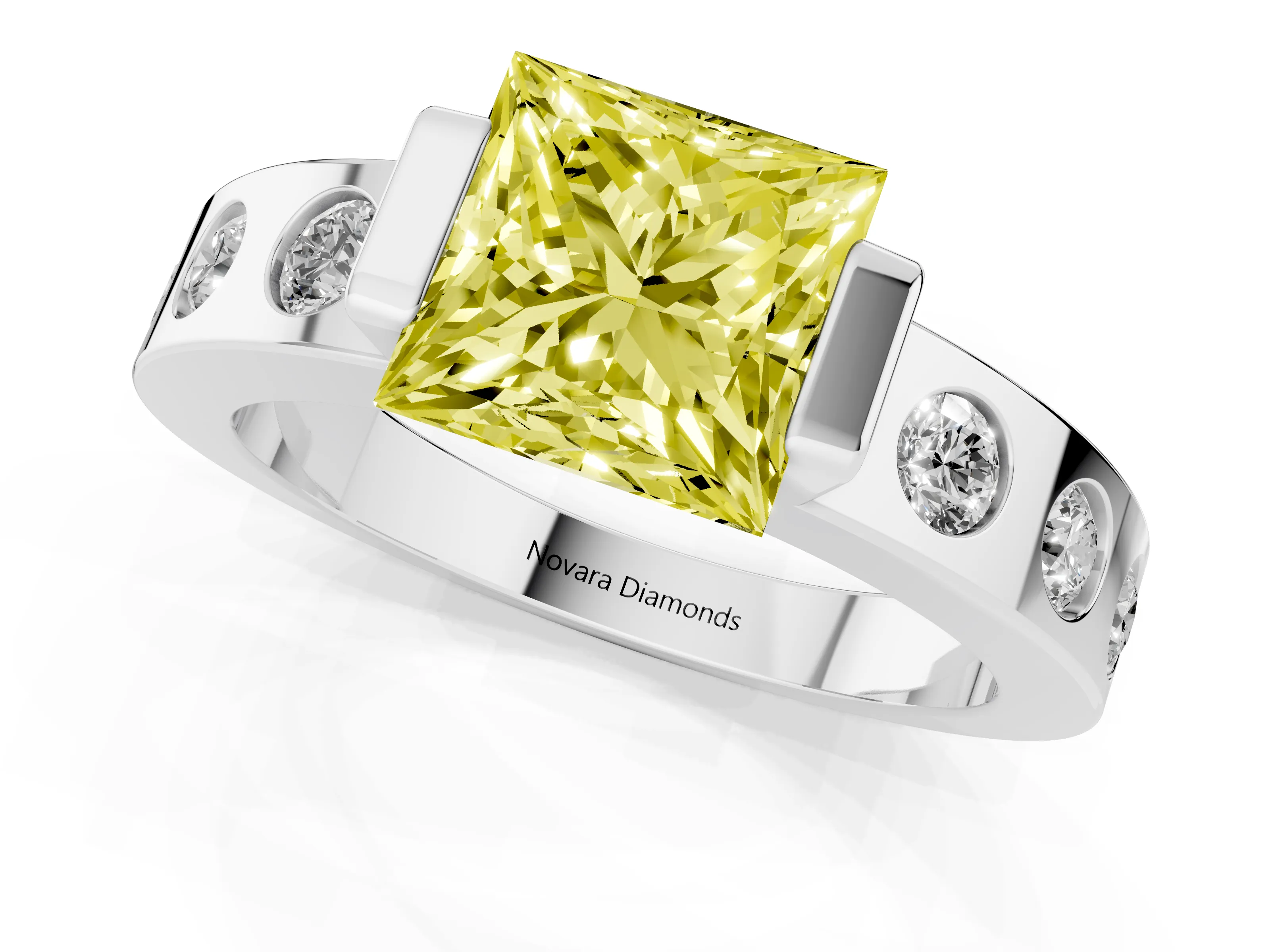 Fancy Yellow Princess Cut Diamond Channel-Set Band Ring Set in Platinum with Bezel Prong Setting