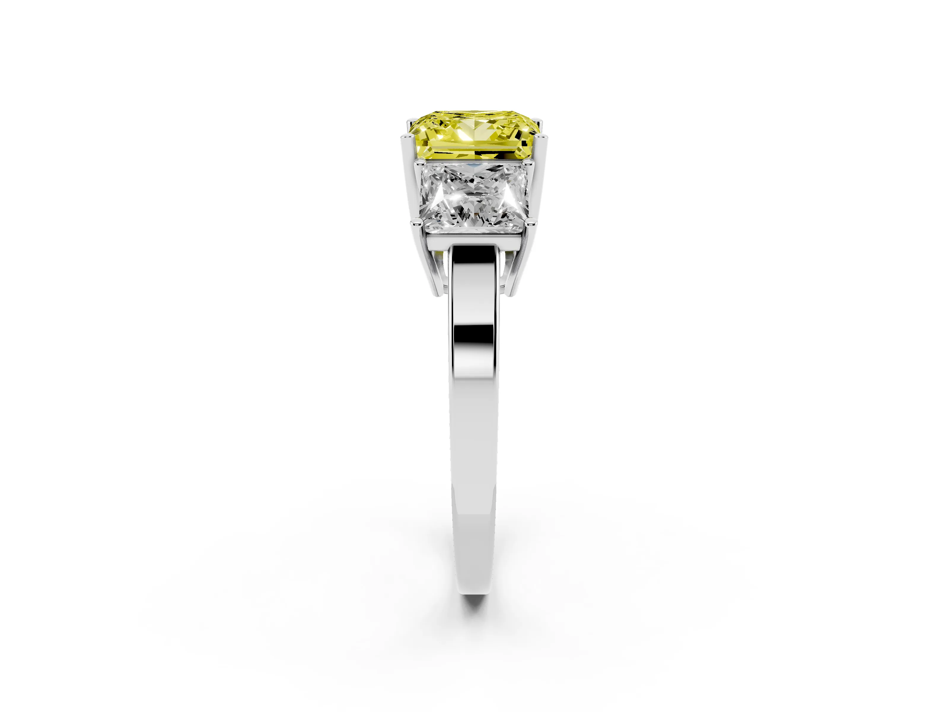 Fancy Yellow Princess Cut Diamond Three-Stone Engagement Ring Set in Platinum with Flat Band