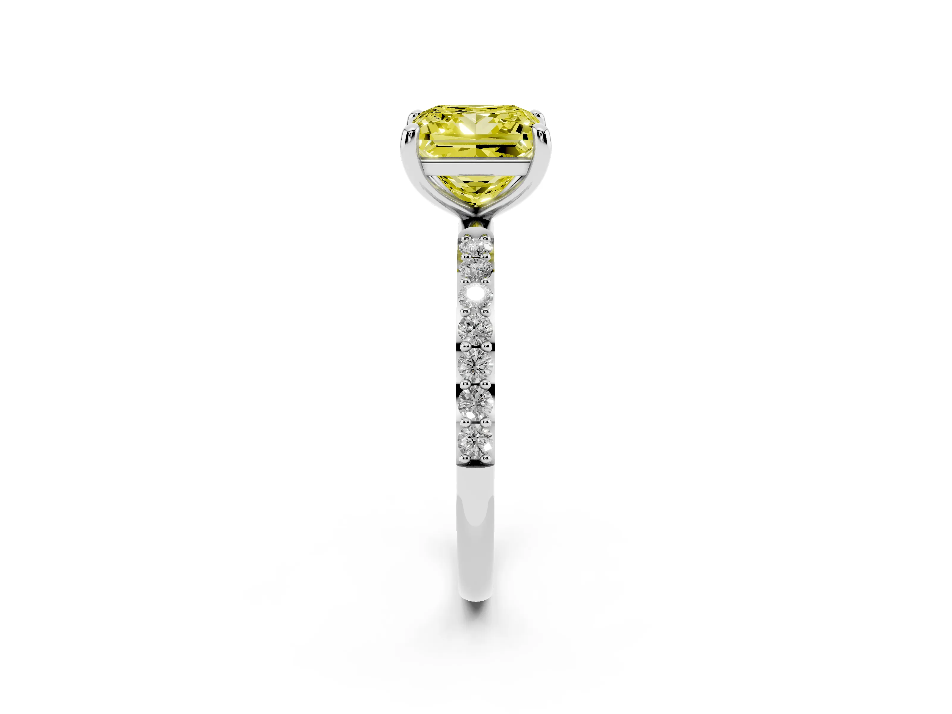 Fancy Yellow Princess Cut Diamond Solitaire Ring Set in White gold with Round Pavé Band and Prong Setting