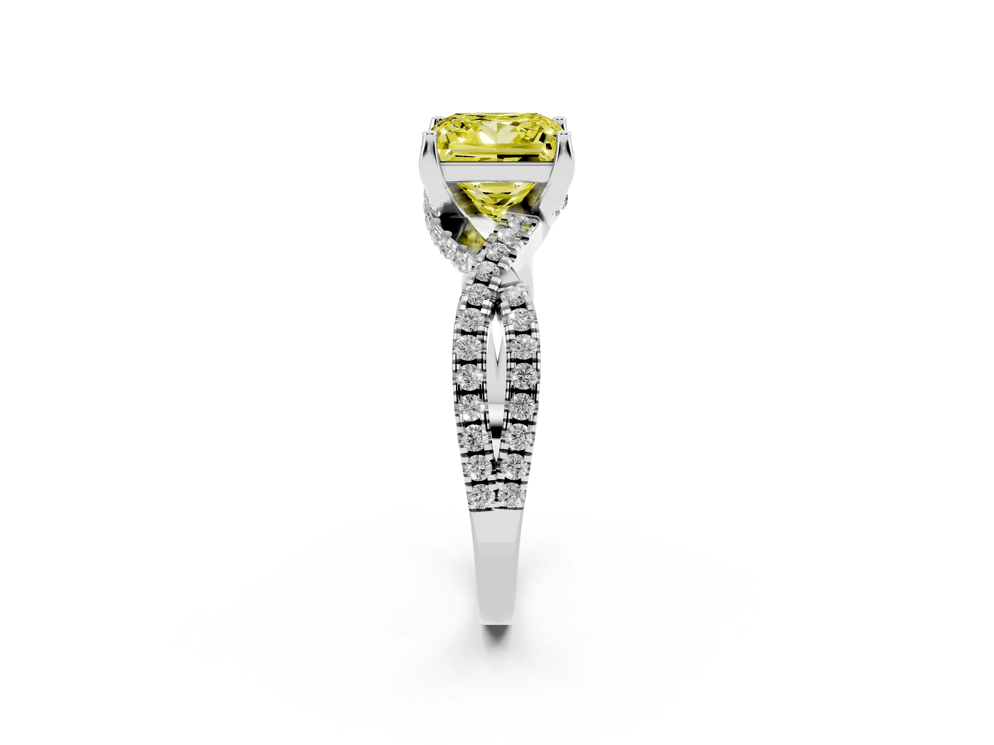 Fancy Yellow Princess Cut Diamond Twist Pavé Solitaire Engagement Ring Set in Silver with Prong Setting