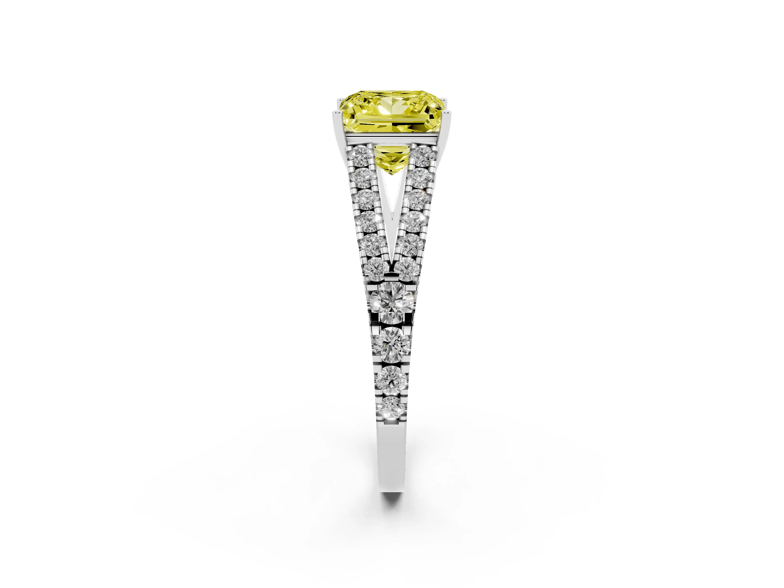 Fancy Yellow Princess Cut Diamond Split Shank Pavé Engagement Ring Set in Platinum with Prong-Held Center Stone