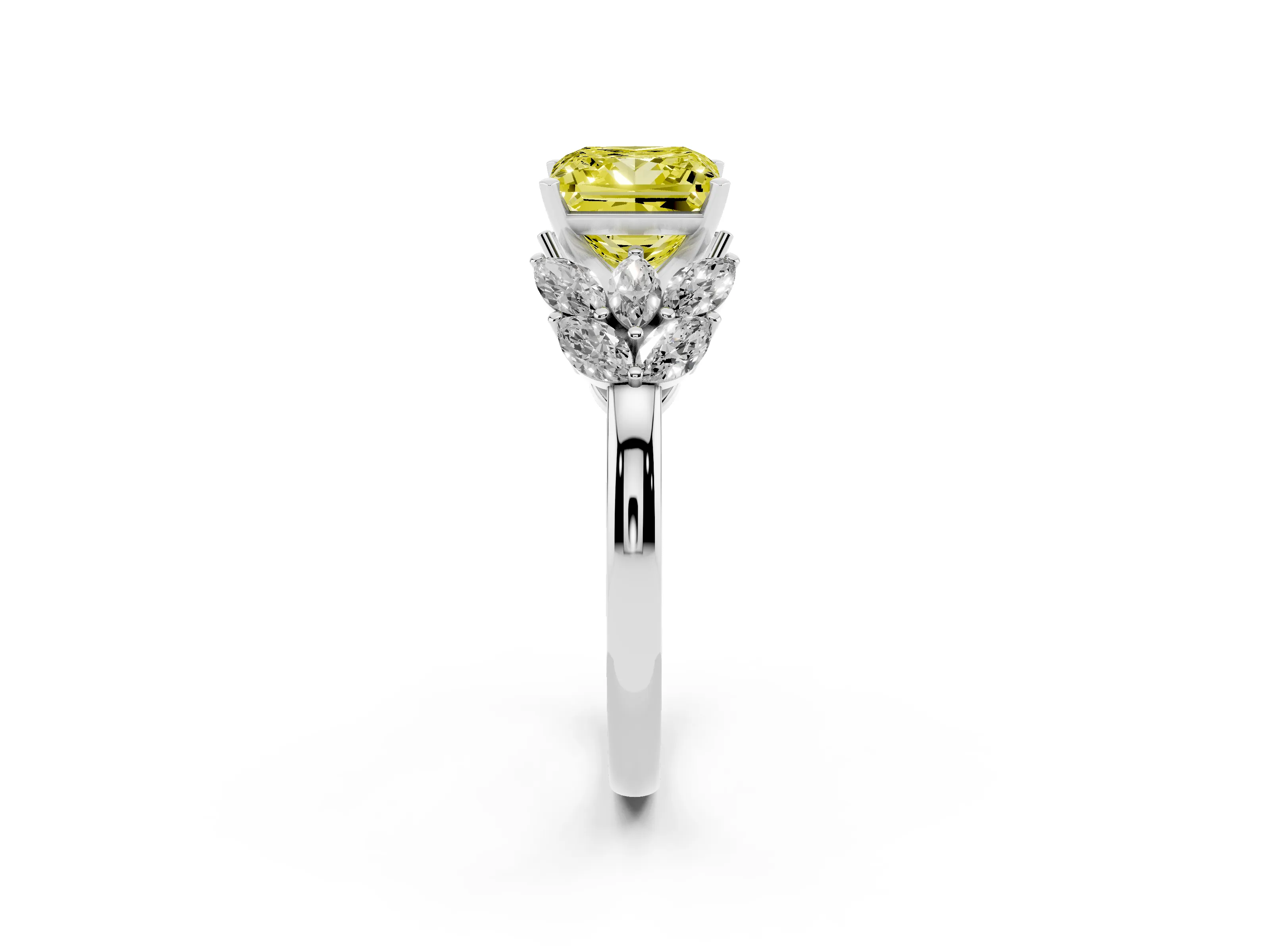 Fancy Yellow Princess Cut Diamond Cluster Leaf Design Ring Set in White gold with Prong Setting