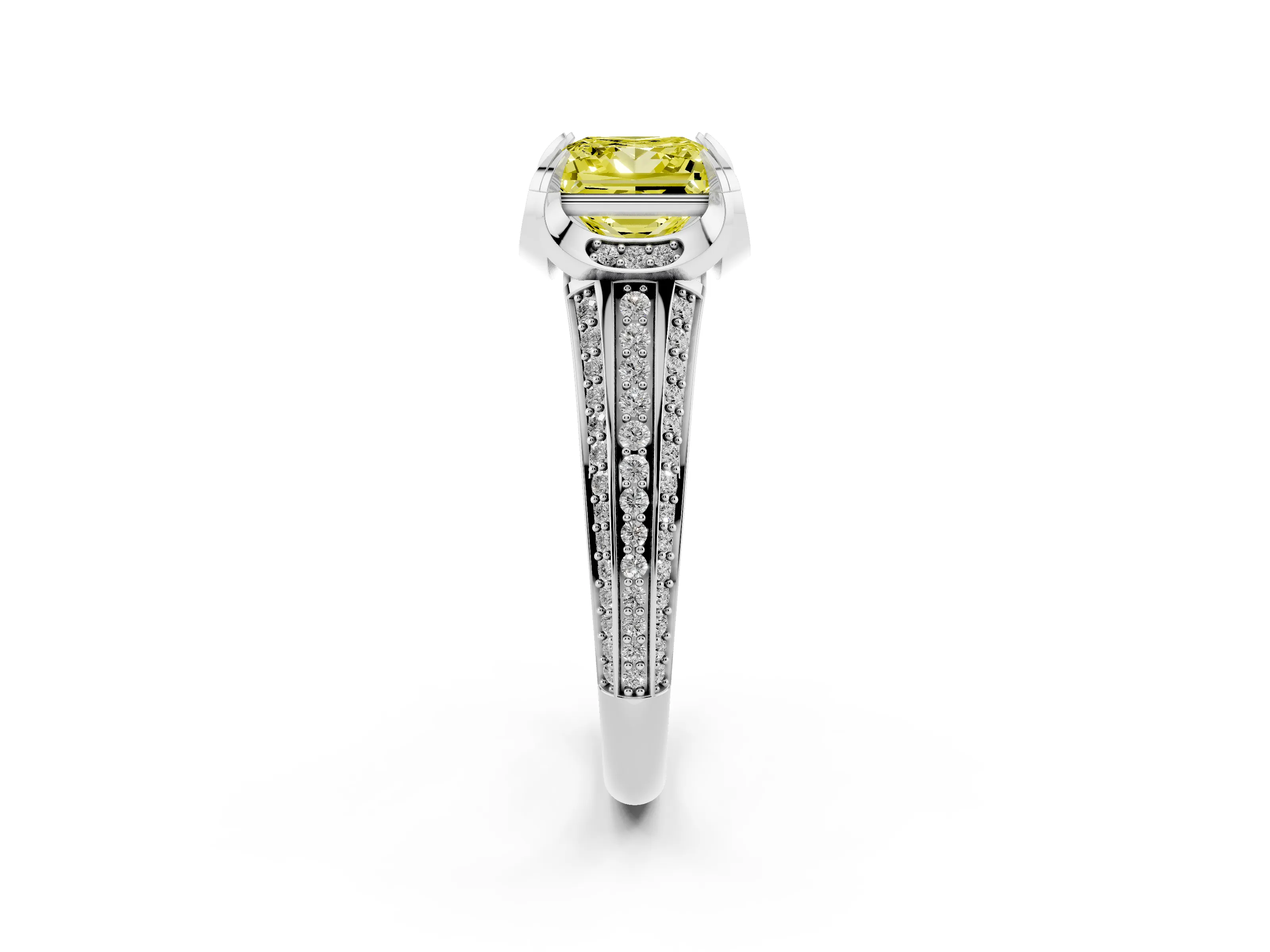 Fancy Yellow Princess Cut Diamond Pavé Split Shank Solitaire Ring Set in Silver with Prong Setting
