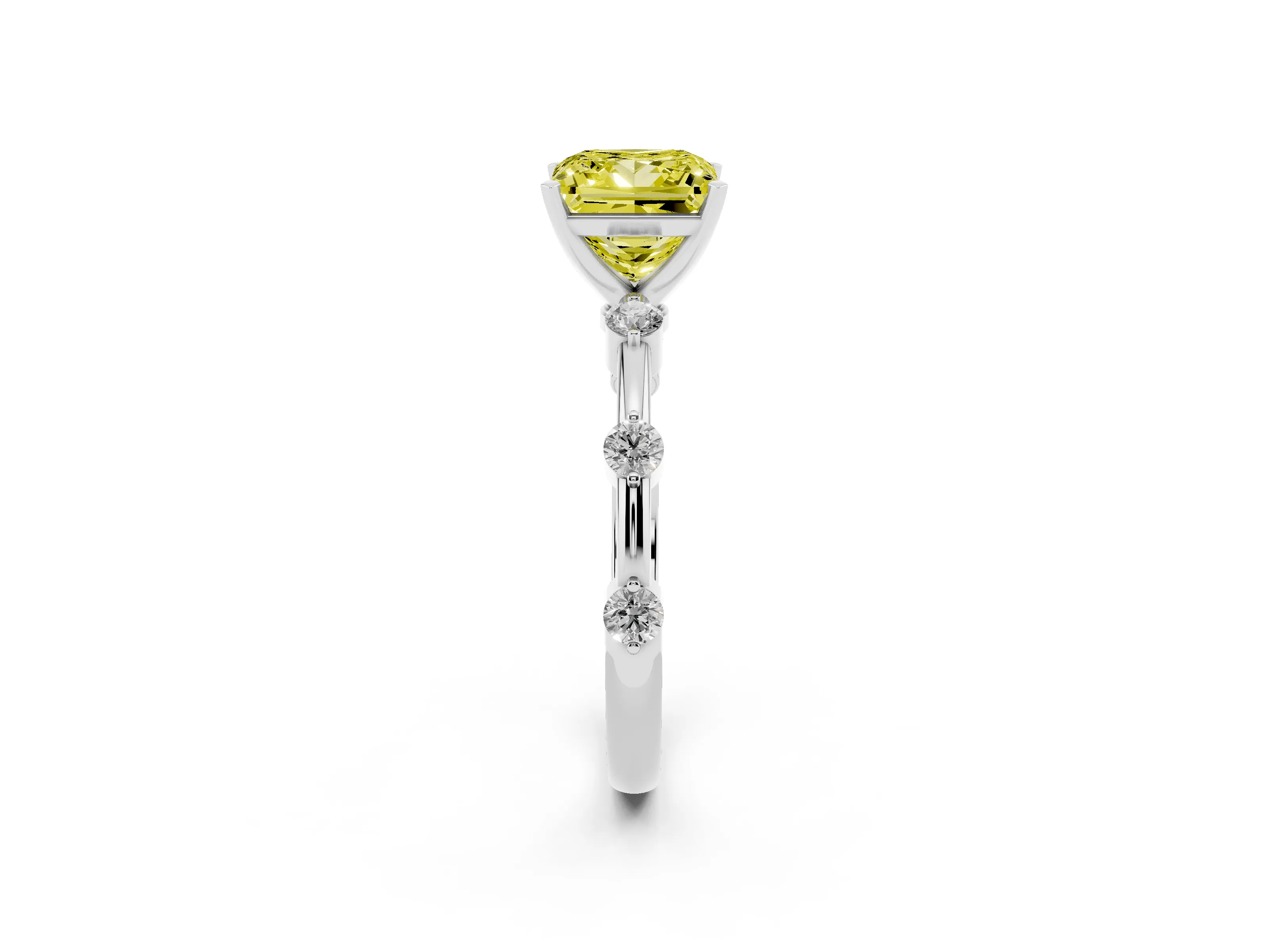 Fancy Yellow Princess Cut Diamond Solitaire Ring Set in Silver with Bezel Set Side Stones and Prong Setting