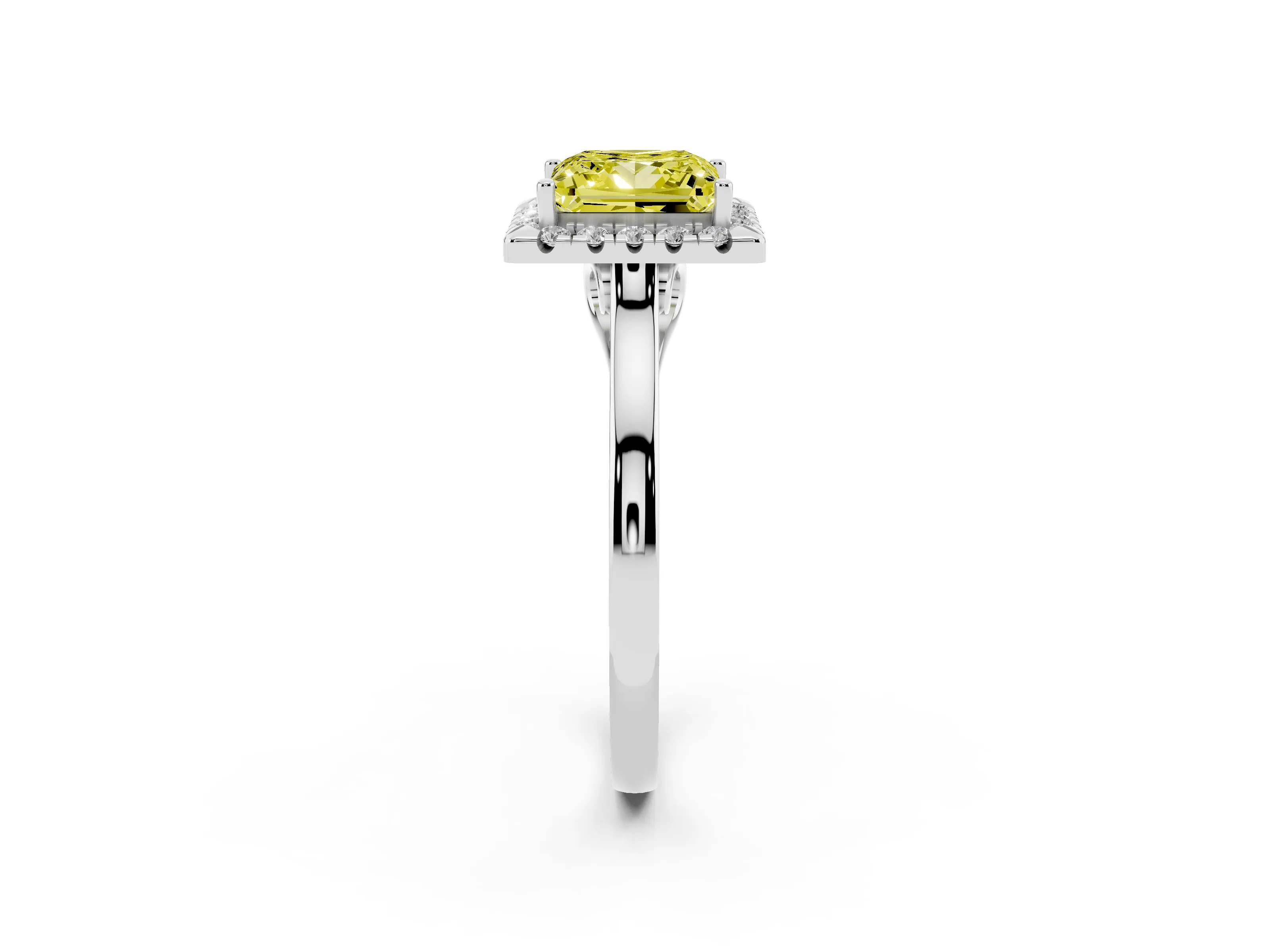 Fancy Yellow Princess Cut Halo Round Diamond Solitaire Ring Set in Platinum with Pavé Band and Prong Setting