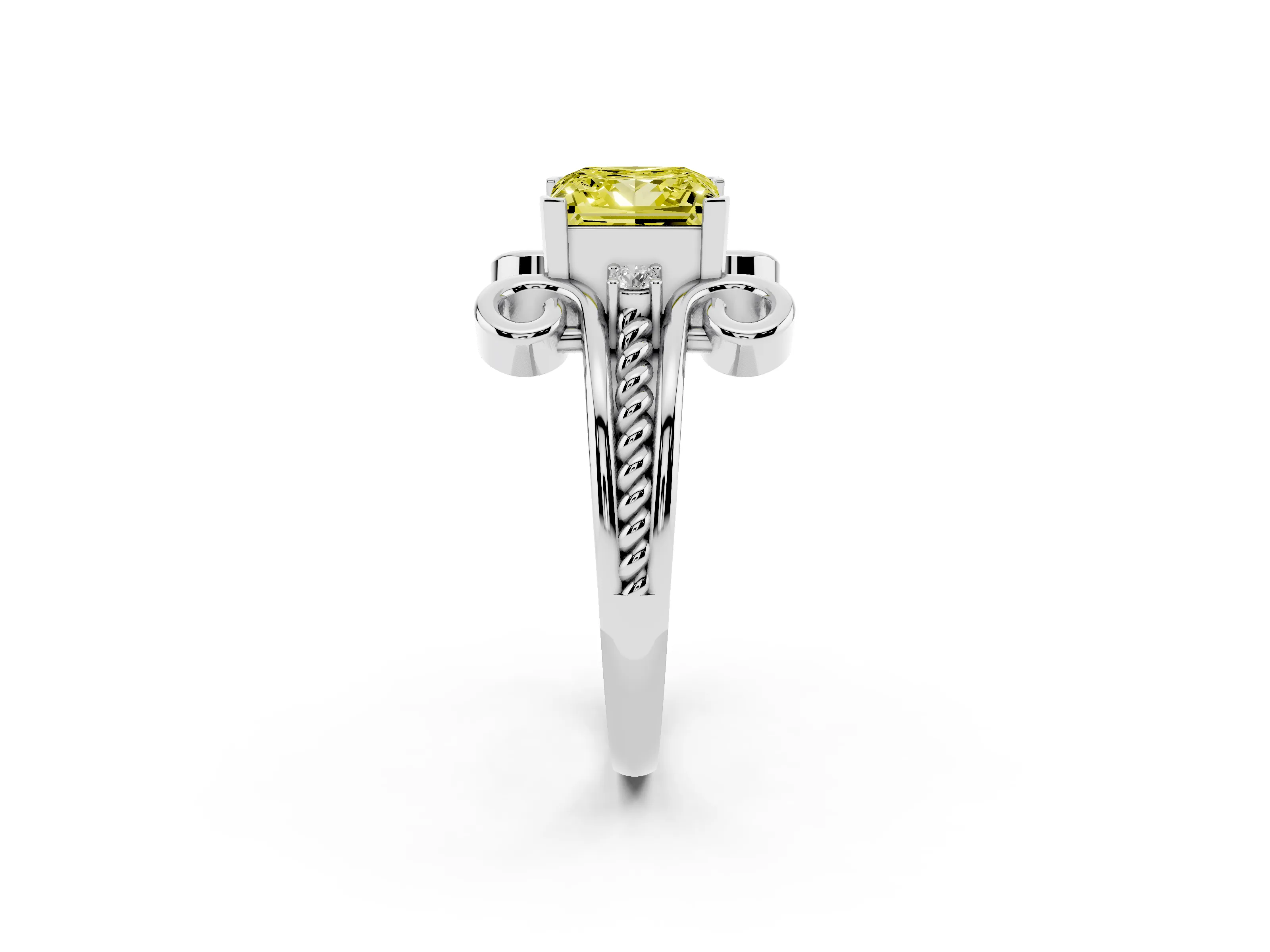 Fancy Yellow Princess Cut Diamond Twisted Band Solitaire Ring Set in White gold with Scroll Prongs