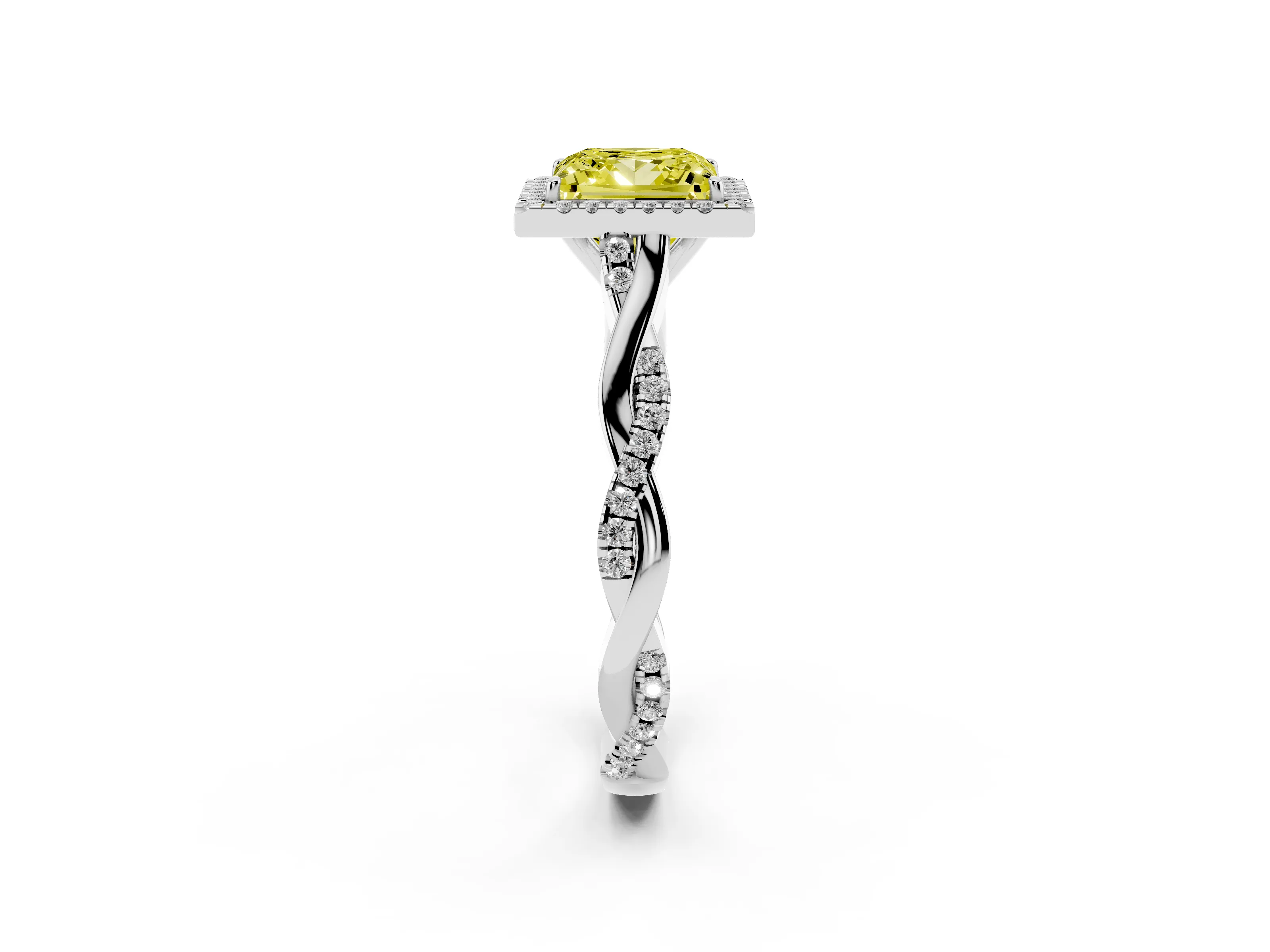 Fancy Yellow Princess Cut Diamond Halo Twist Band Solitaire Ring Set in Platinum with Prong Setting